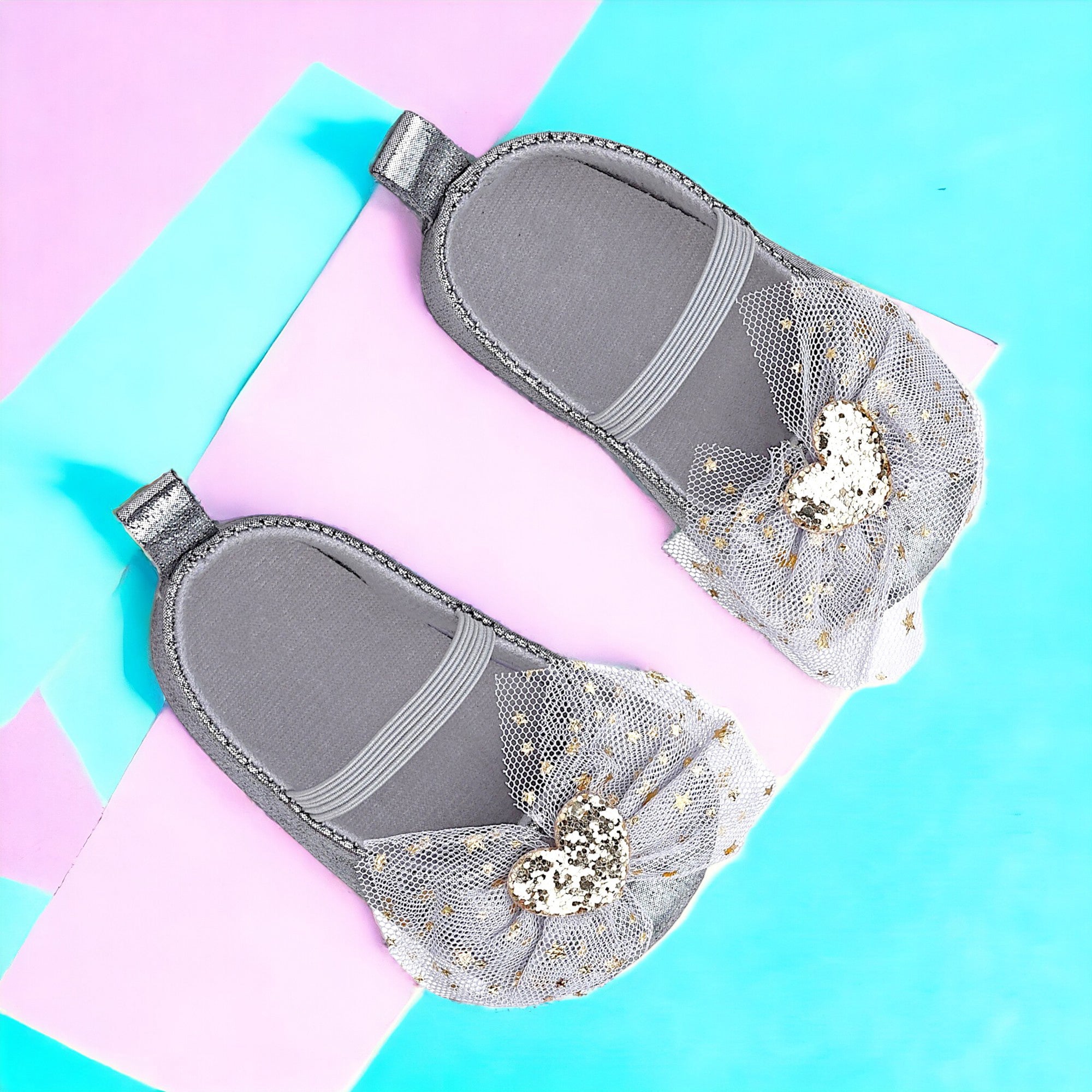 Baby Moo Embellished Bow Glittery Heart Anti-Skid Ballerina Booties - Grey