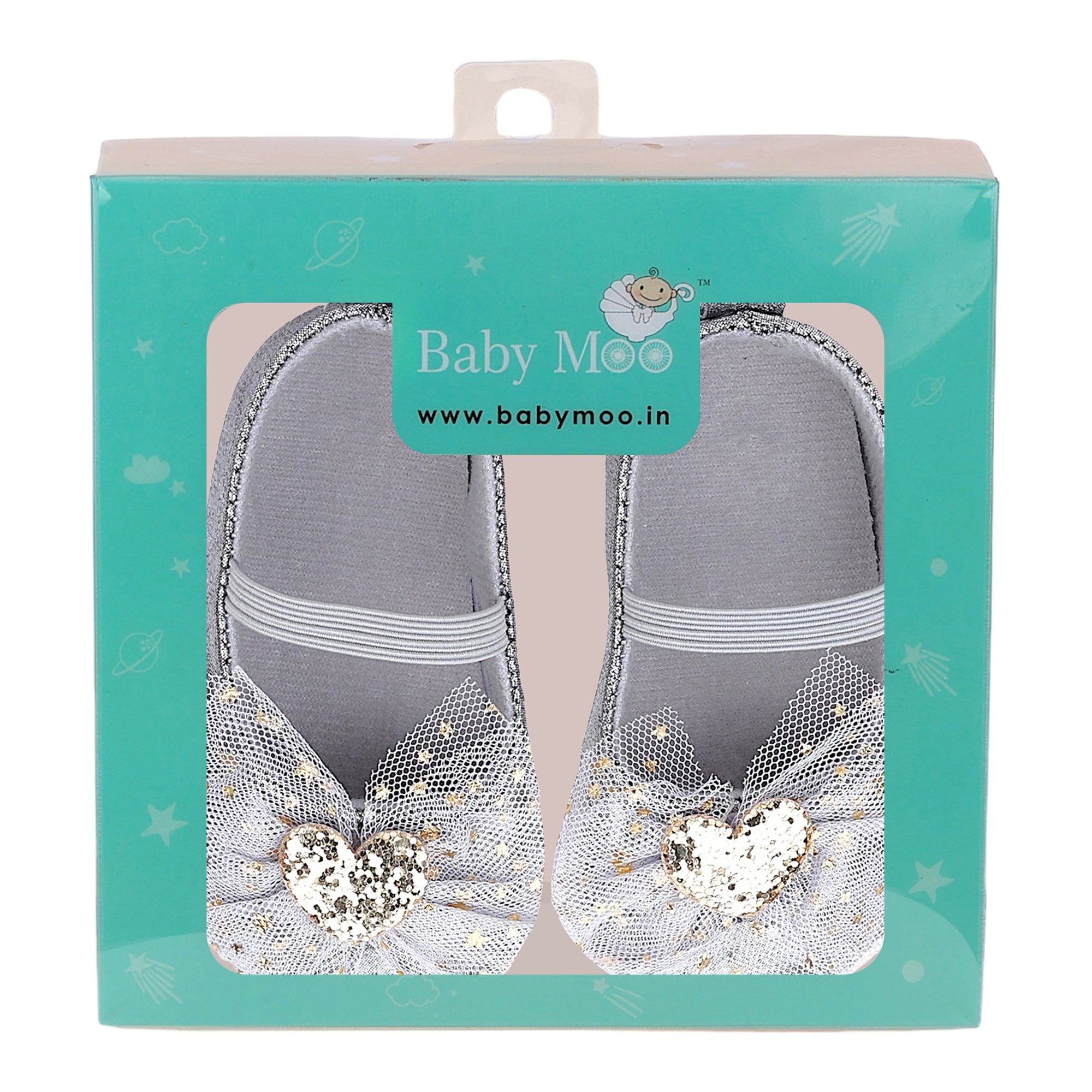 Baby Moo Embellished Bow Glittery Heart Anti-Skid Ballerina Booties - Grey