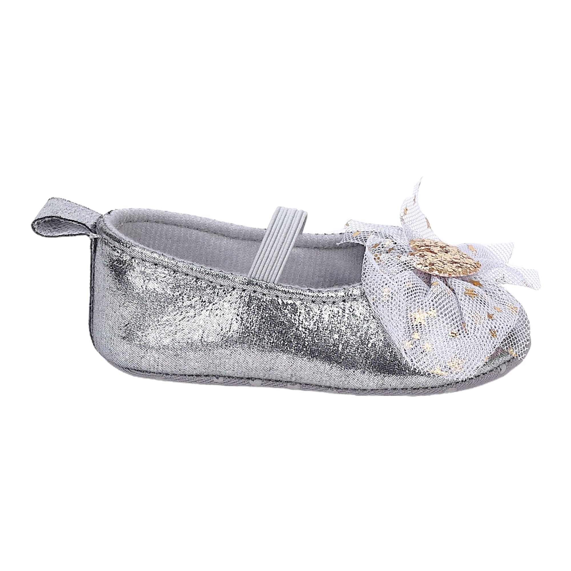 Baby Moo Embellished Bow Glittery Heart Anti-Skid Ballerina Booties - Grey