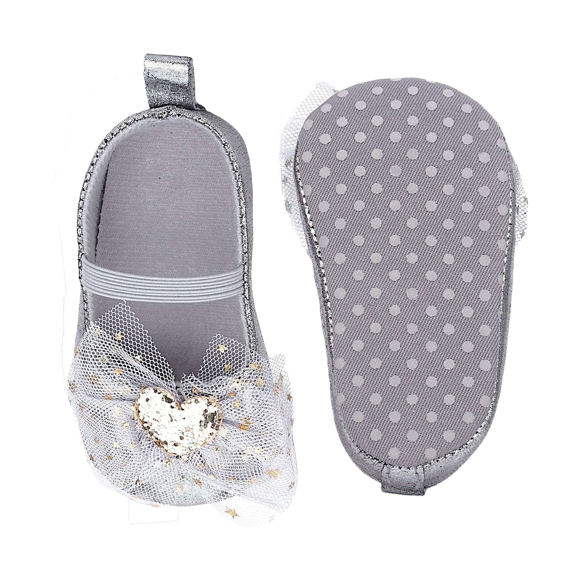Baby Moo Embellished Bow Glittery Heart Anti-Skid Ballerina Booties - Grey