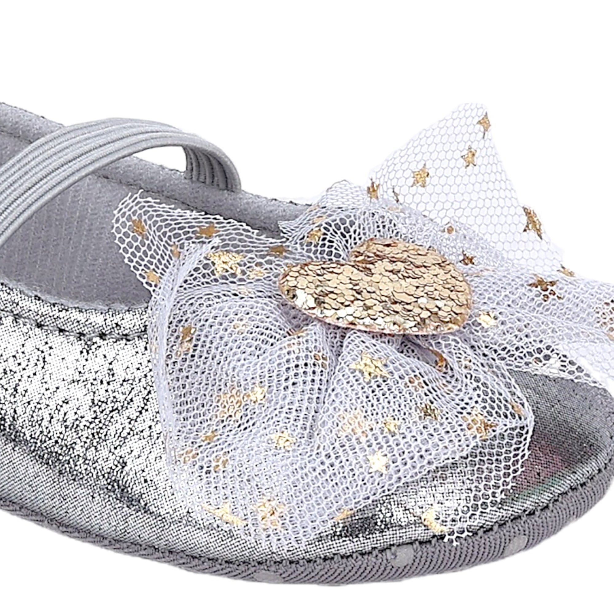 Baby Moo Embellished Bow Glittery Heart Anti-Skid Ballerina Booties - Grey