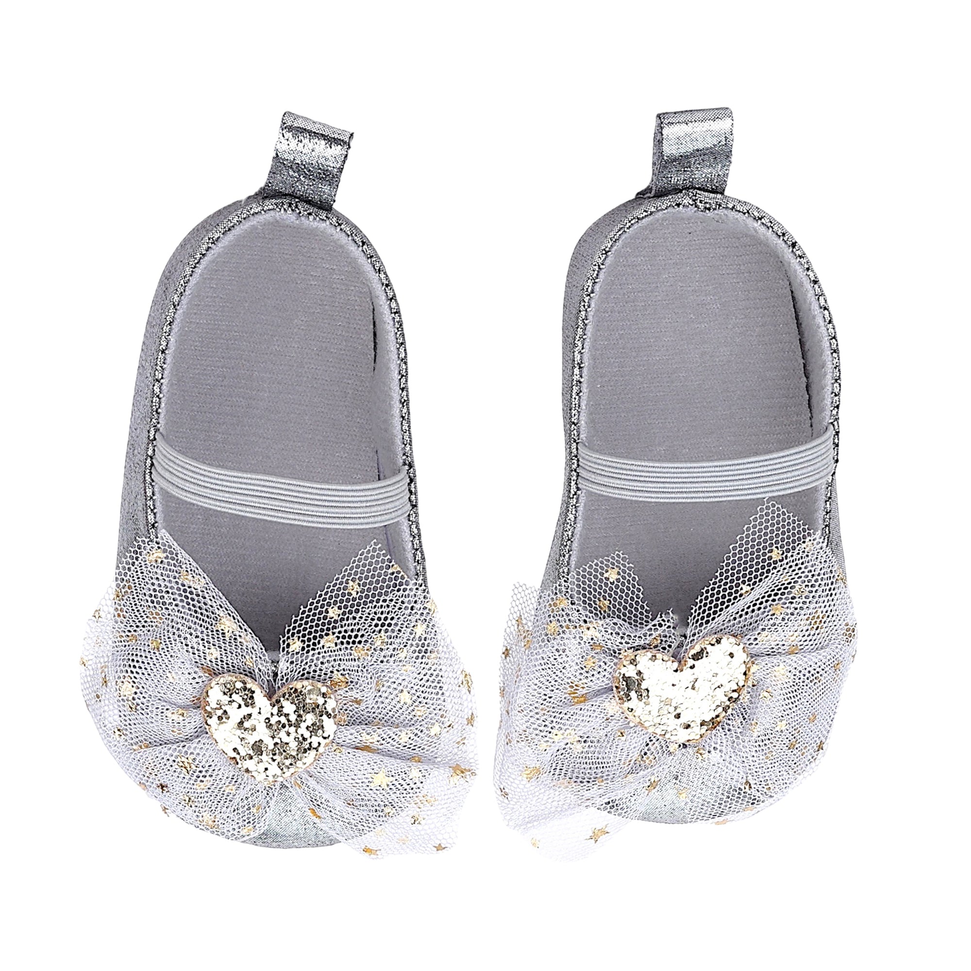 Baby Moo Embellished Bow Glittery Heart Anti-Skid Ballerina Booties - Grey