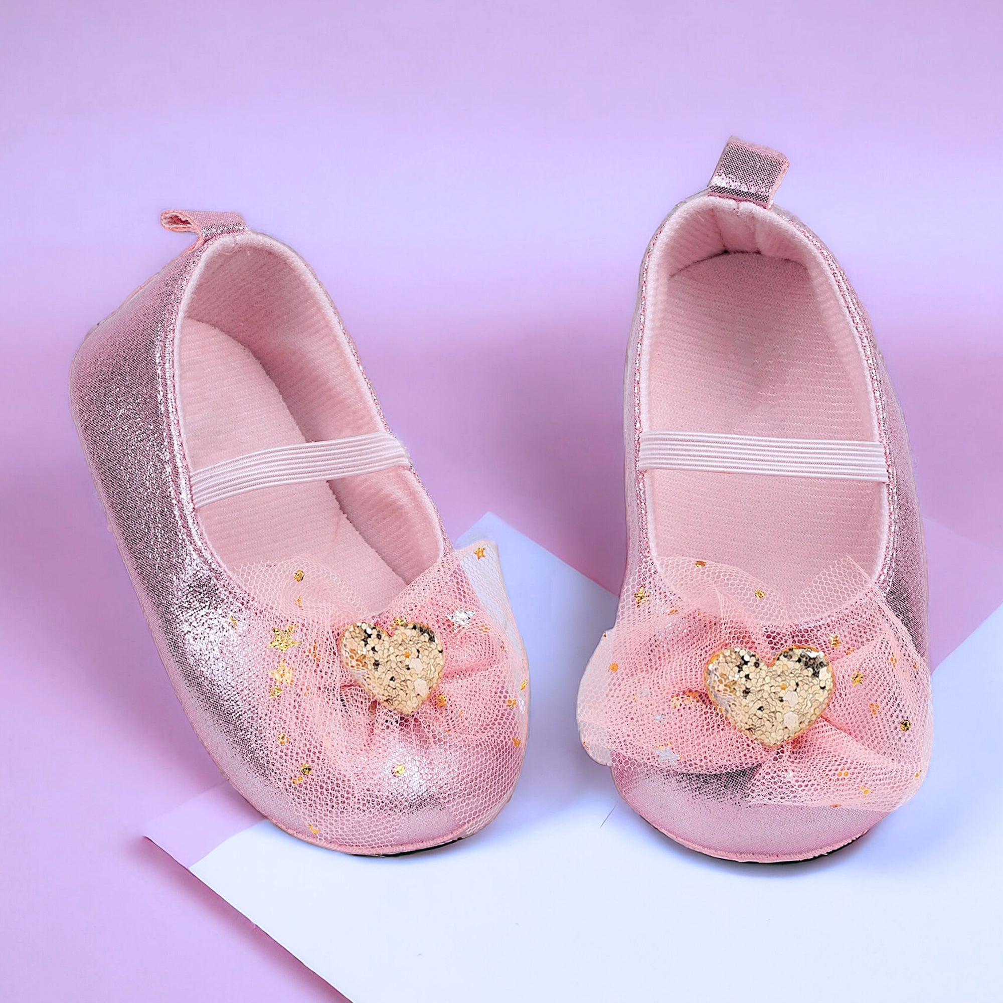 Baby Moo Embellished Bow Glittery Heart Anti-Skid Ballerina Booties - Pink