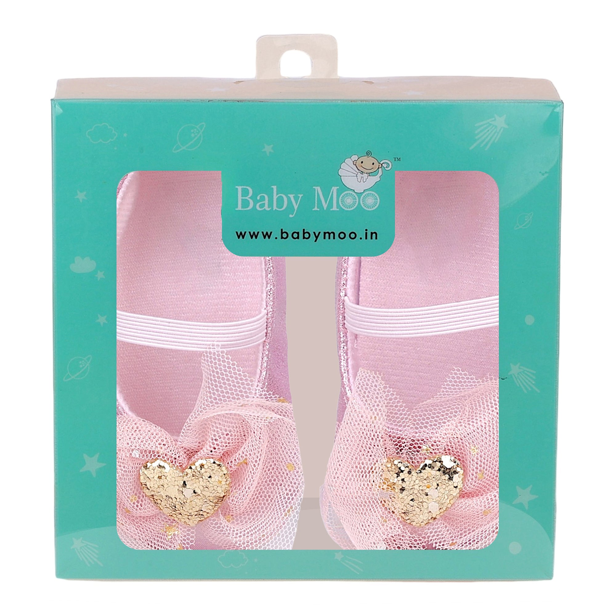 Baby Moo Embellished Bow Glittery Heart Anti-Skid Ballerina Booties - Pink