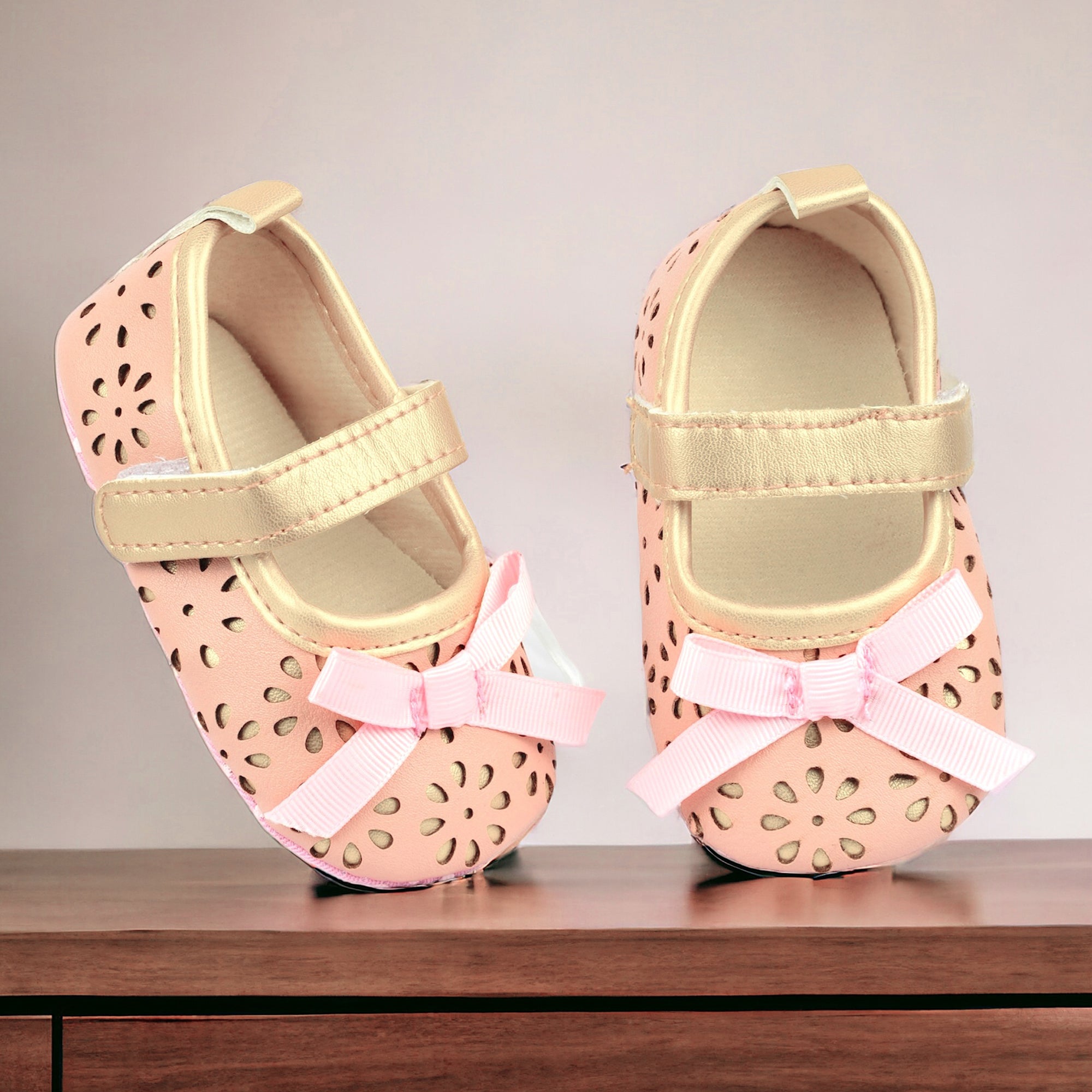 Baby Moo Flower Cut-Out Bow Velcro Strap Anti-Skid Ballerina Booties - Pink