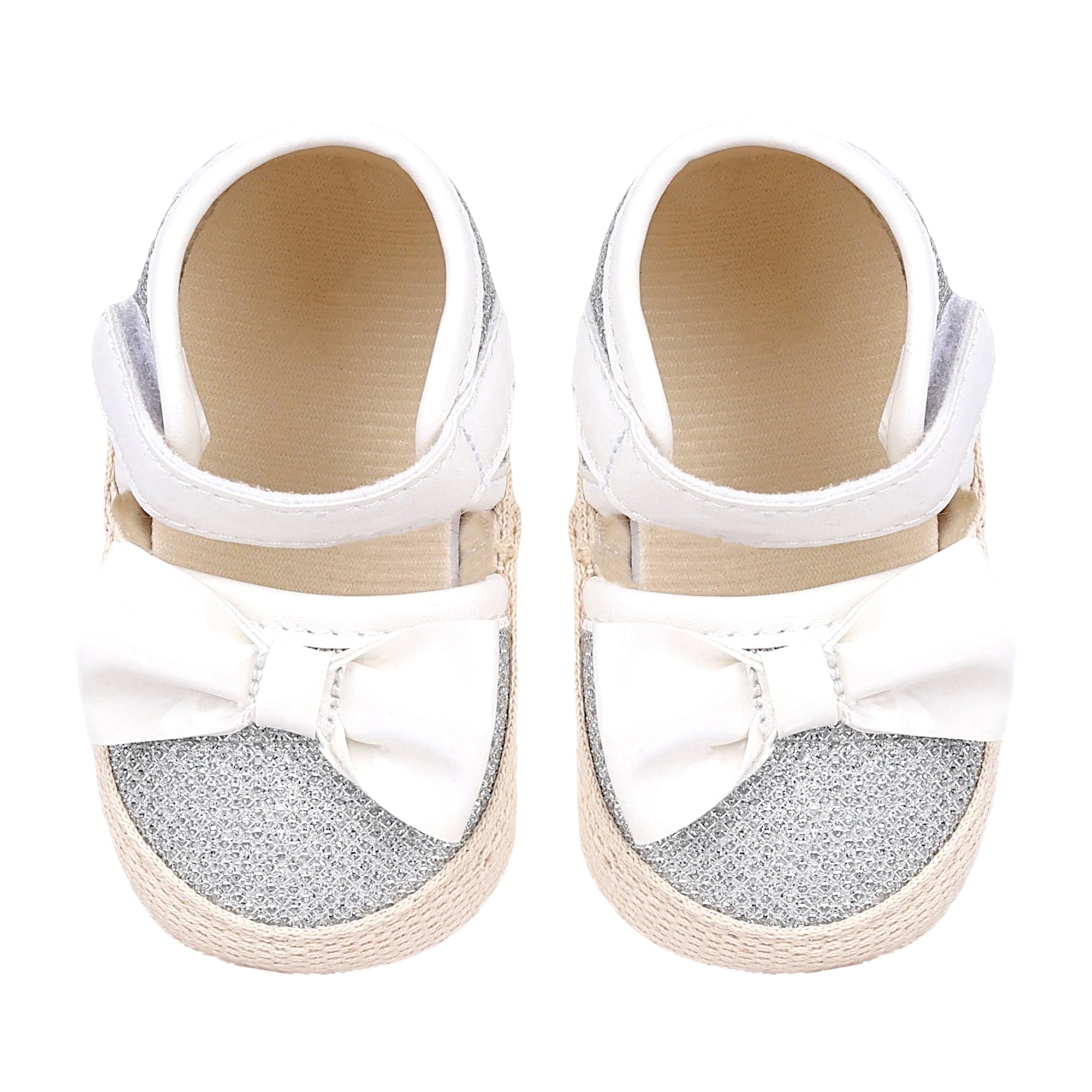 Baby Moo Glittery Partywear Bow Velcro Strap Anti-Skid Sandals - White