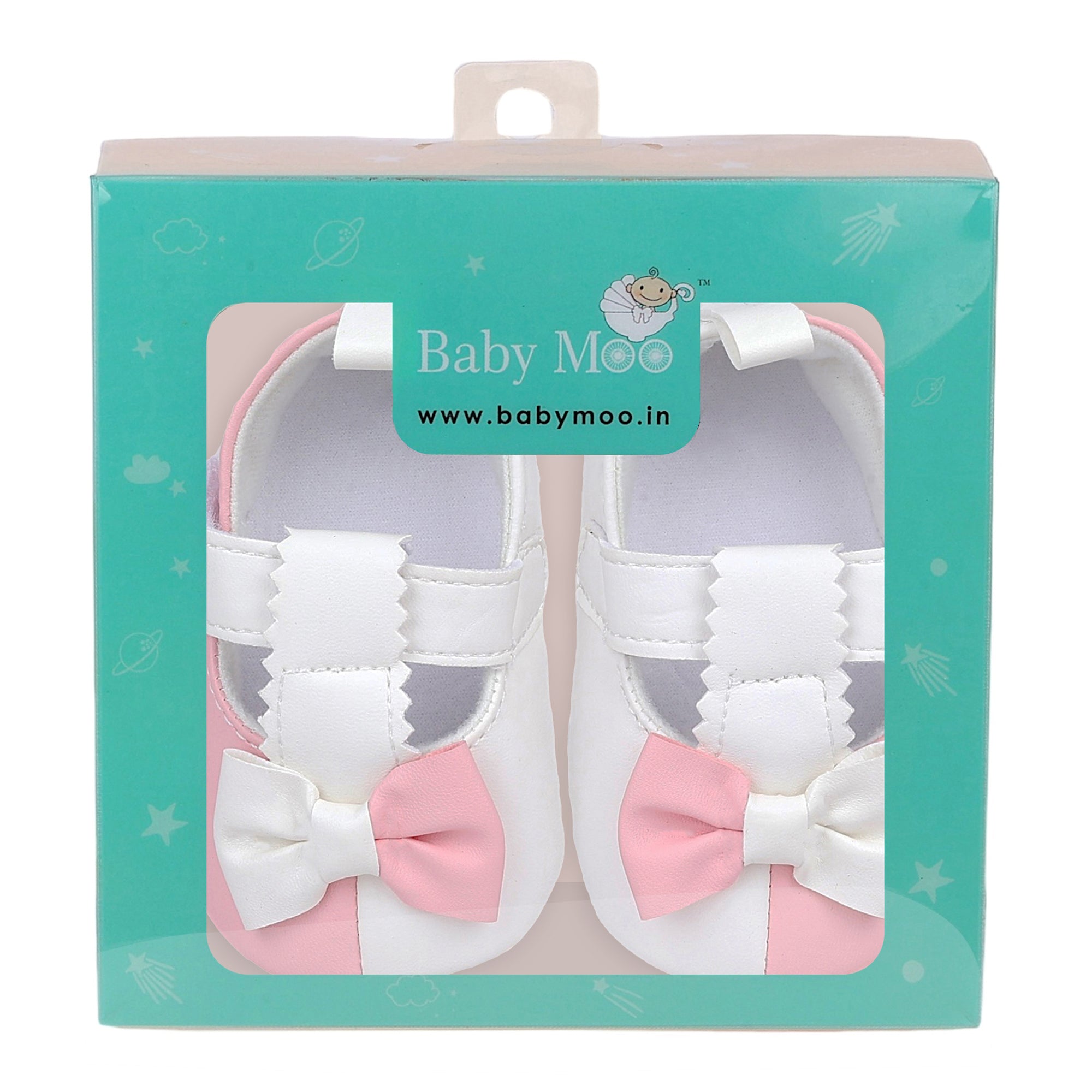 Baby Moo Colour Block Bow Velcro T-Strap Anti Skid- Ballerina Booties - Pink, White
