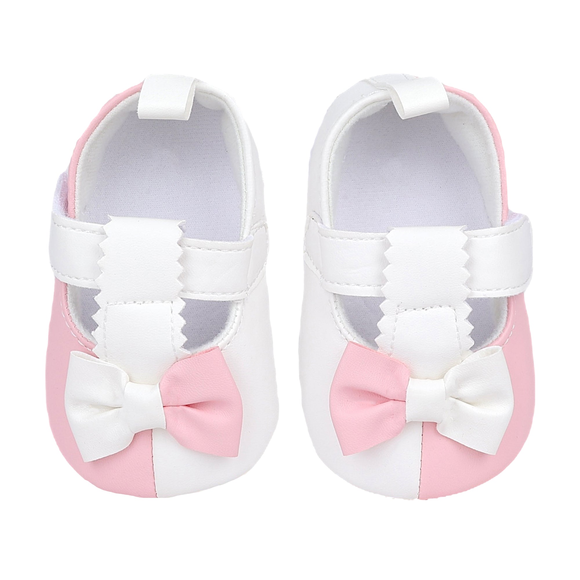 Baby Moo Colour Block Bow Velcro T-Strap Anti Skid- Ballerina Booties - Pink, White