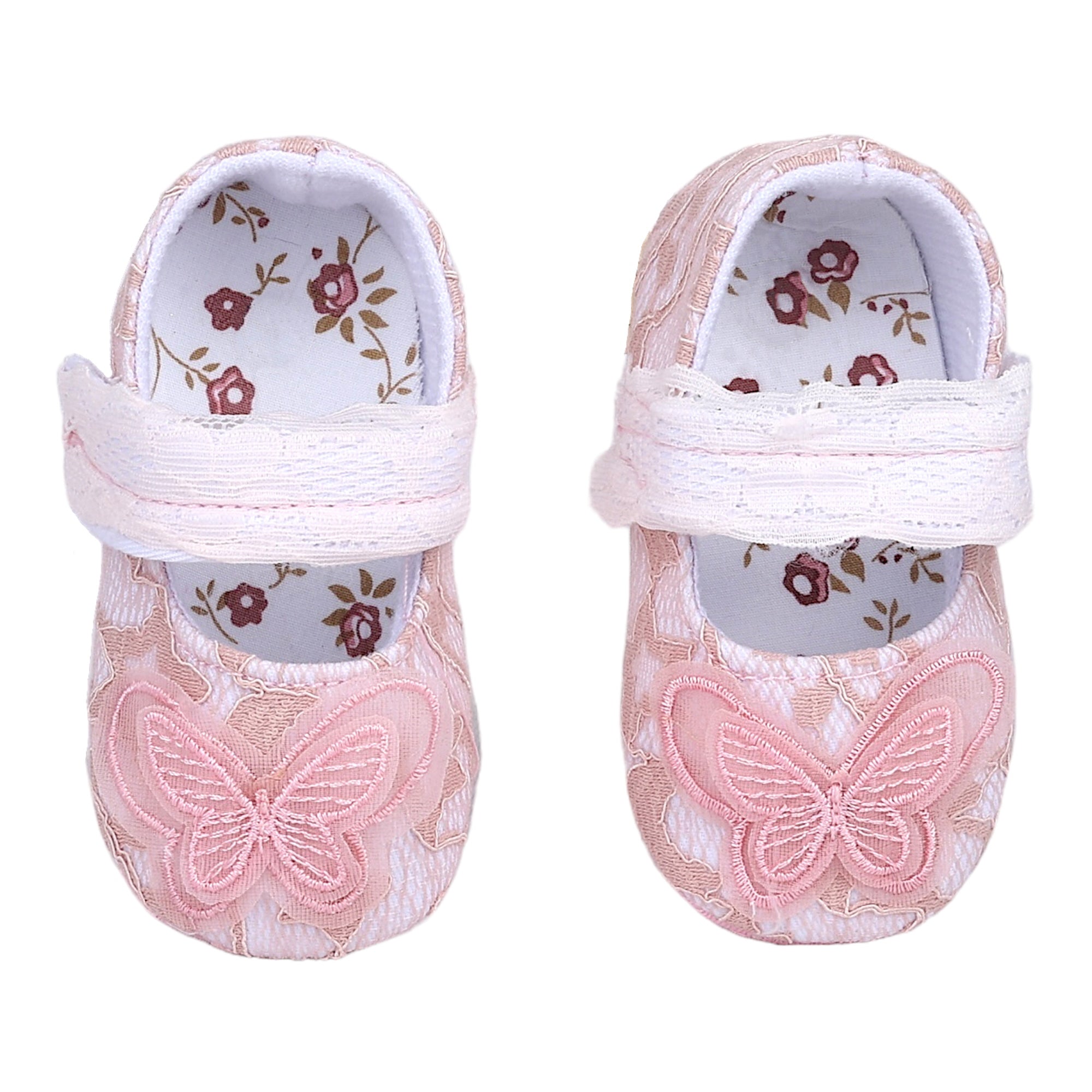 Baby Moo Embellished Butterfly Velcro Strap Lace Ballerina Booties - Pink