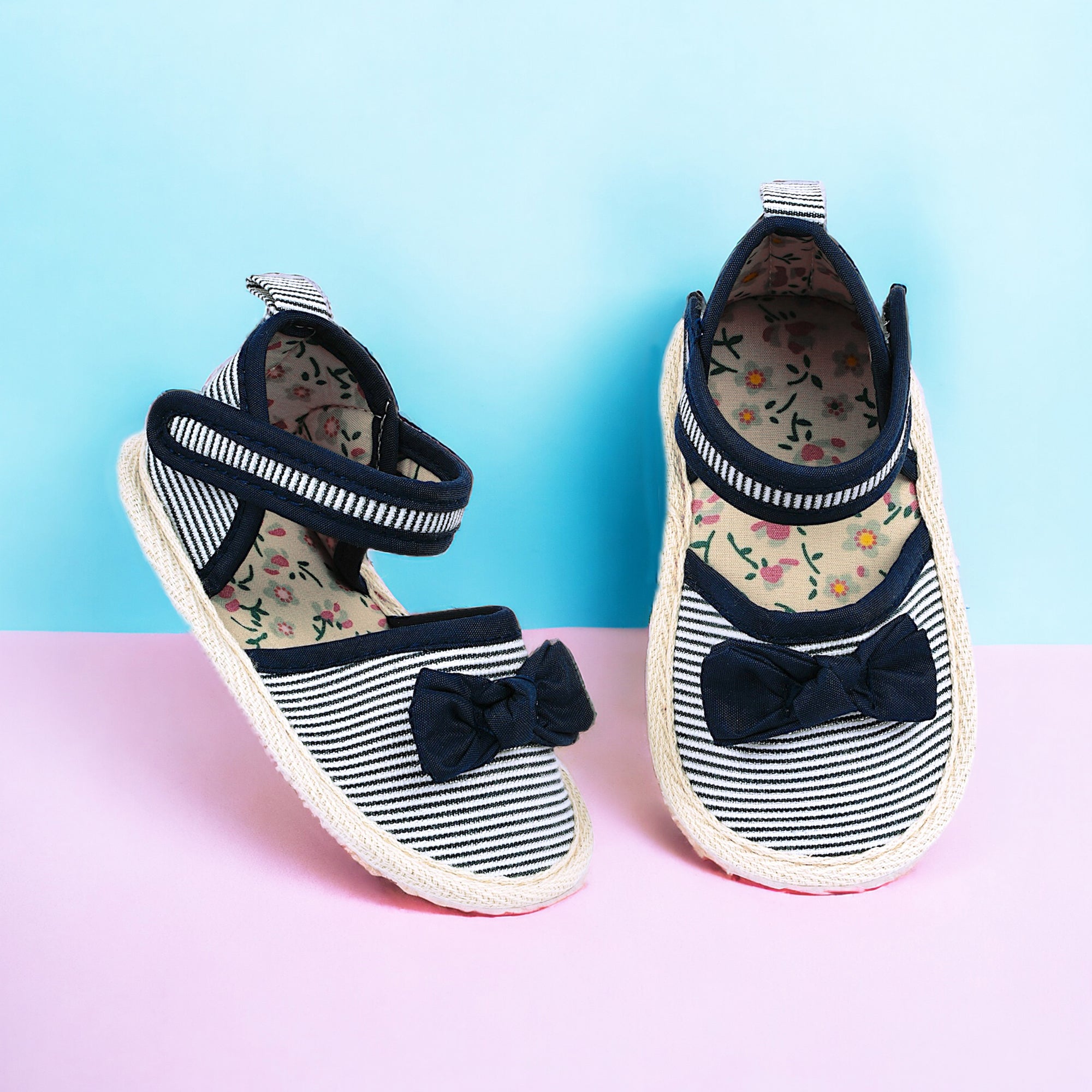 Baby Moo Bow Nautical Striped Velcro Straps Anti-Skid Sandals Blue