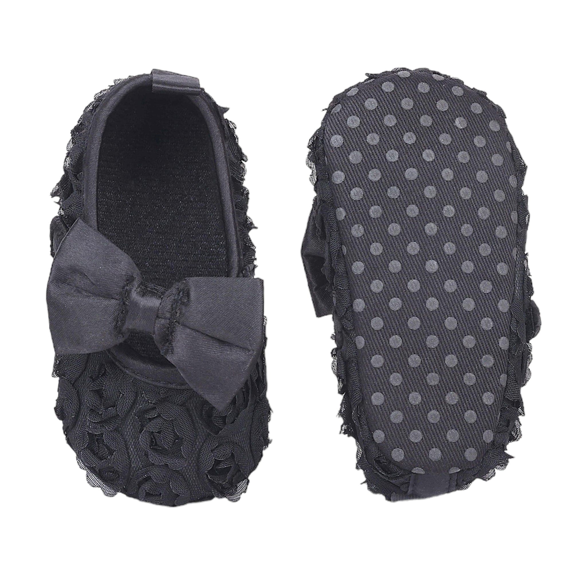 Baby Moo Big Bow Floral Lace Elastic Strap Ballerina Booties - Black