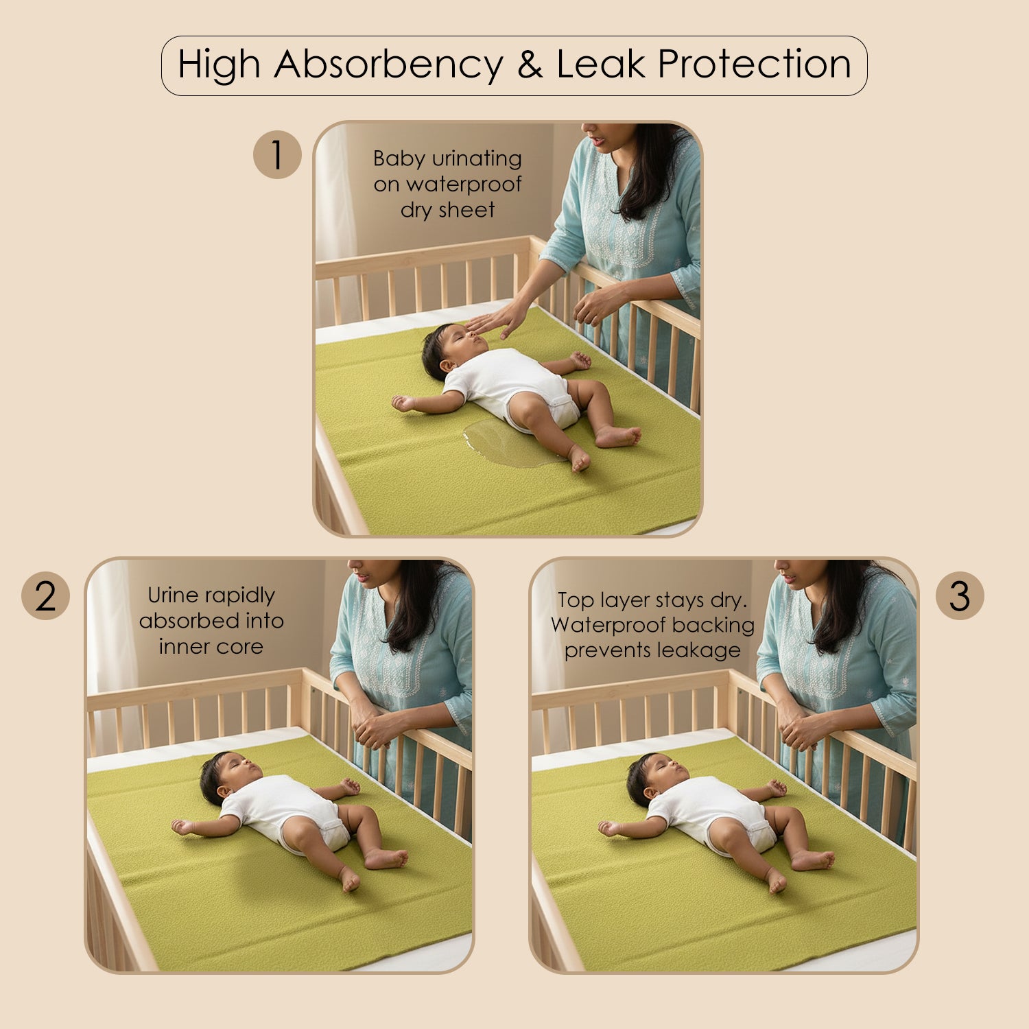 Baby Moo Plain Changeable Dry Sheet Water-resistant Bed Protector Pack Of 2 - Pink, Olive Green