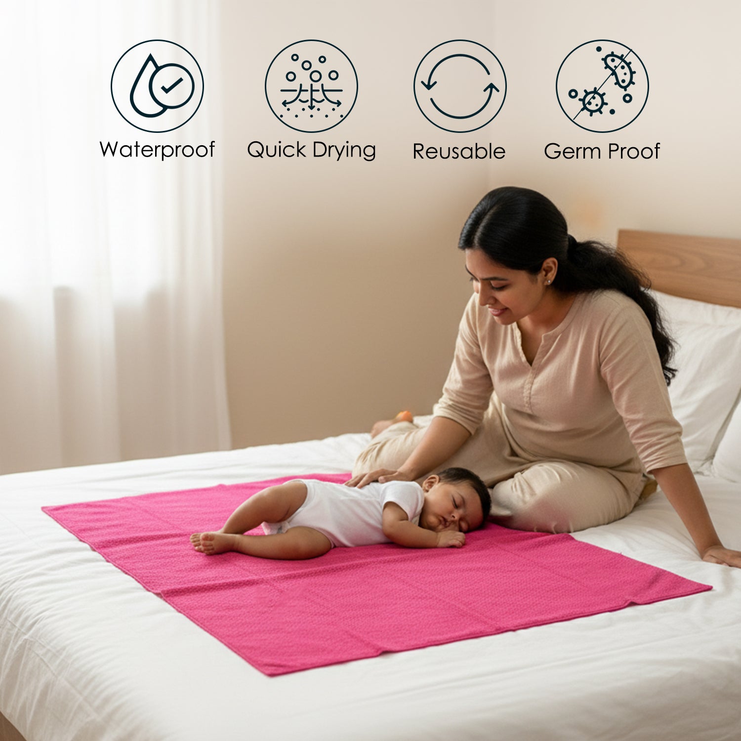 Baby Moo Plain Changeable Dry Sheet Water-resistant Bed Protector - Dark Pink