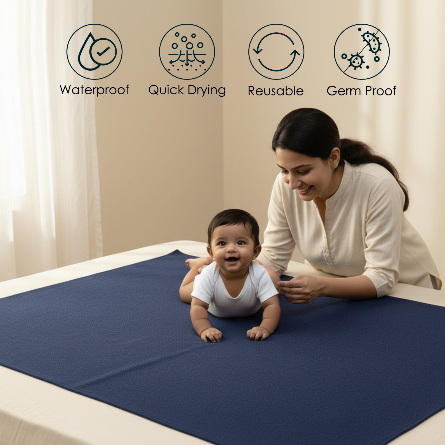 Baby Moo Plain Changeable Dry Sheet Water-resistant Bed Protector - Navy Blue