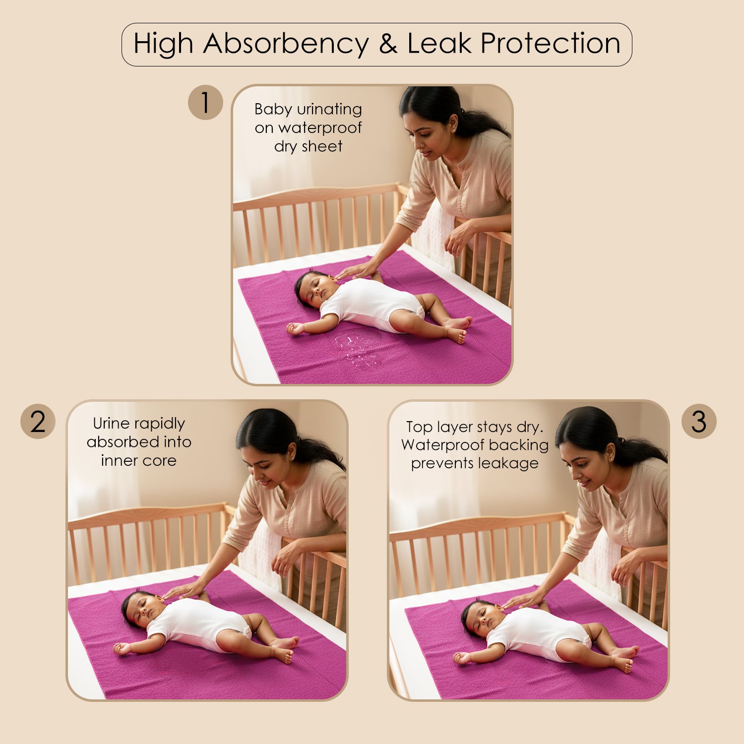 Baby Moo Plain Changeable Dry Sheet Water-resistant Bed Protector Pack Of 3 - Dark Pink, Yellow And Burgundy