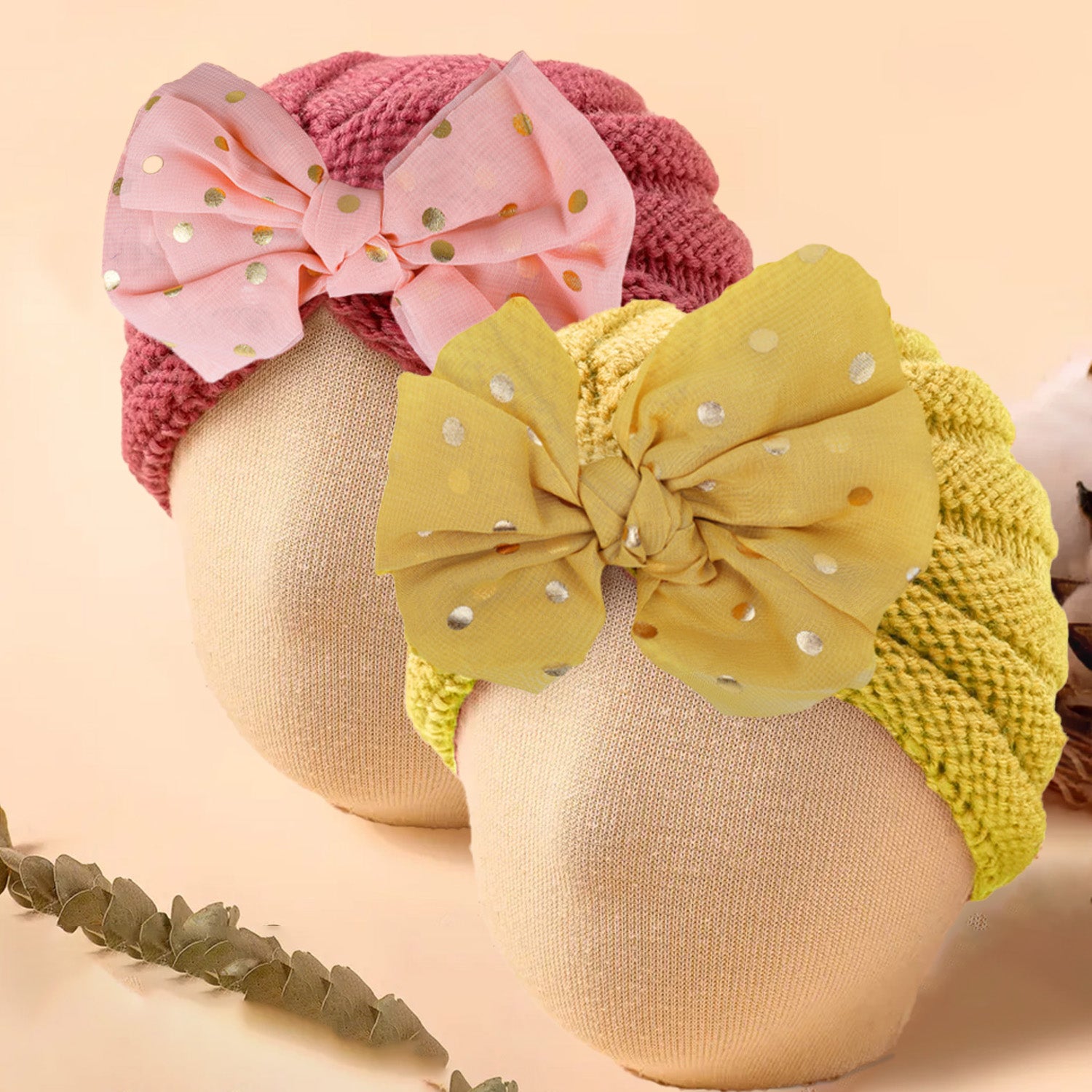 Baby Moo Partywear Sequence Bow 2 Pack Turban Caps - Peach And Yellow - Baby Moo