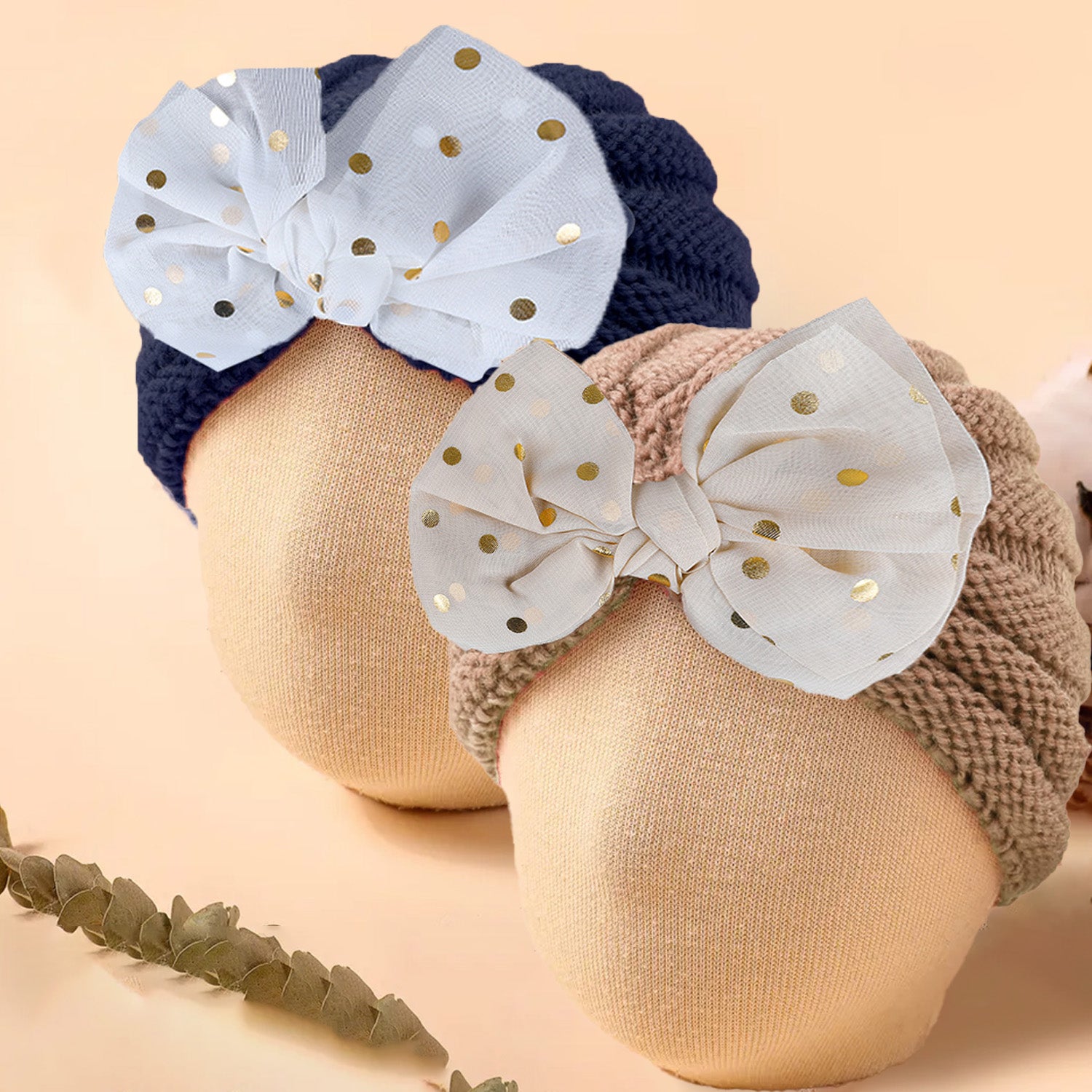 Baby Moo Partywear Sequence Bow 2 Pack Turban Caps - Brown And Navy Blue - Baby Moo