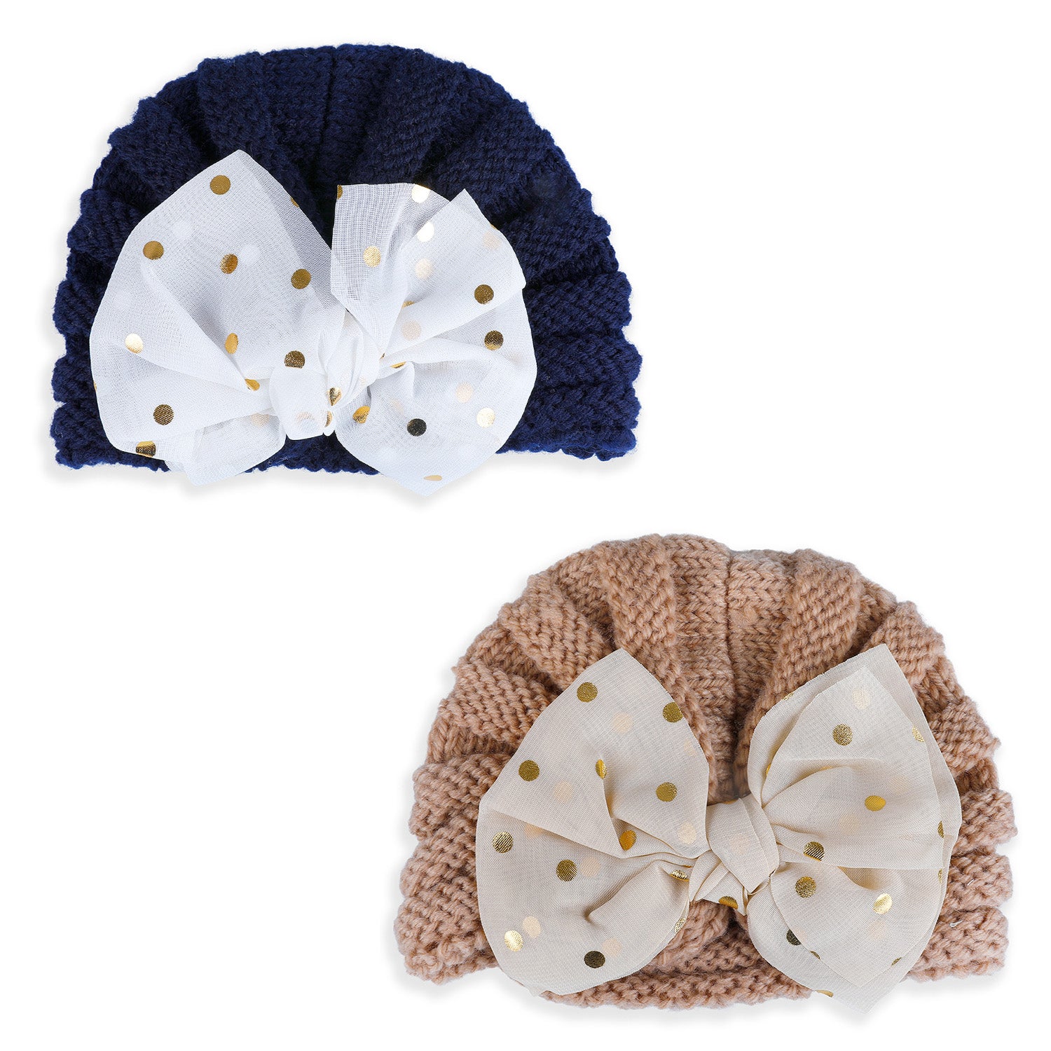 Baby Moo Partywear Sequence Bow 2 Pack Turban Caps - Brown And Navy Blue - Baby Moo