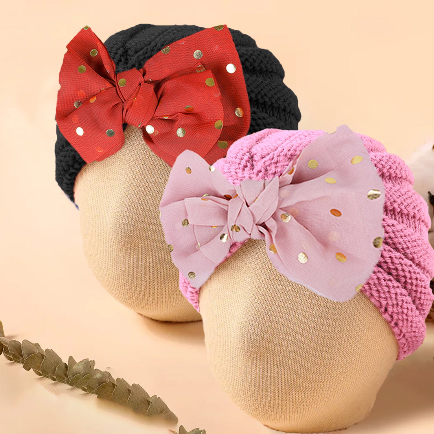 Baby Moo Partywear Sequence Bow 2 Pack Turban Caps - Black And Pink - Baby Moo