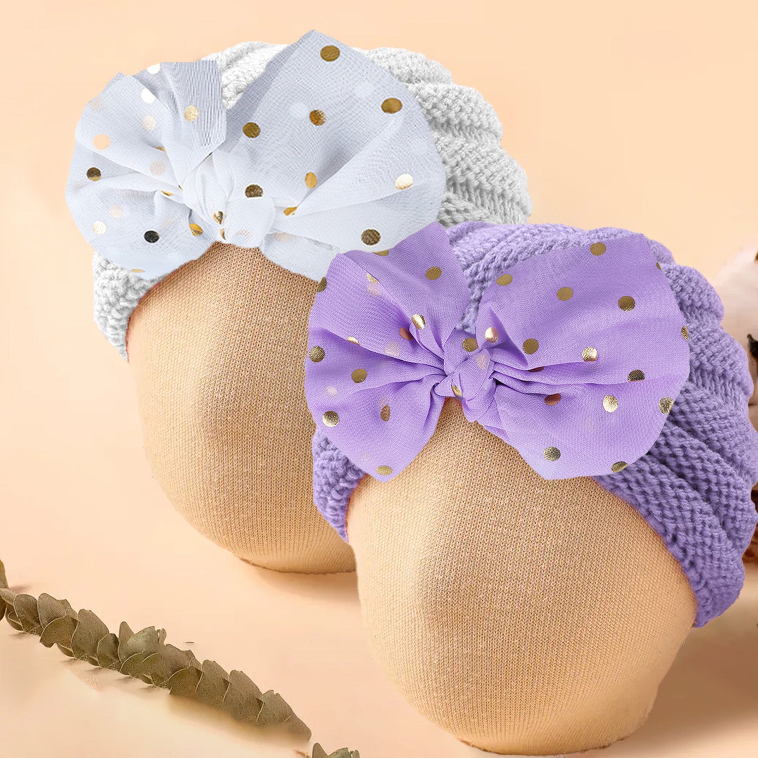 Baby Moo Partywear Sequence Bow 2 Pack Turban Caps - Lilac And White - Baby Moo
