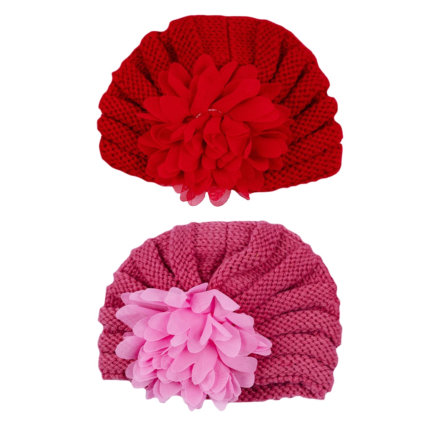 Baby Moo Girls Floral Petals 2 Pack Knitted Turban Caps - Red, Pink