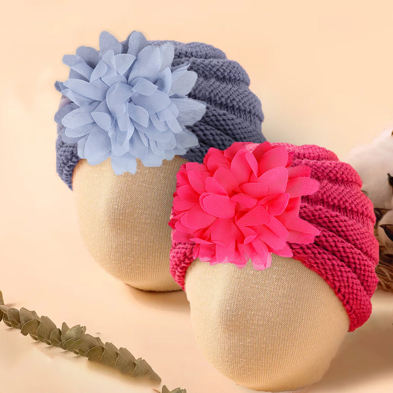 Baby Moo Floral Petals 2 Pack Turban Caps - Pink And Grey - Baby Moo