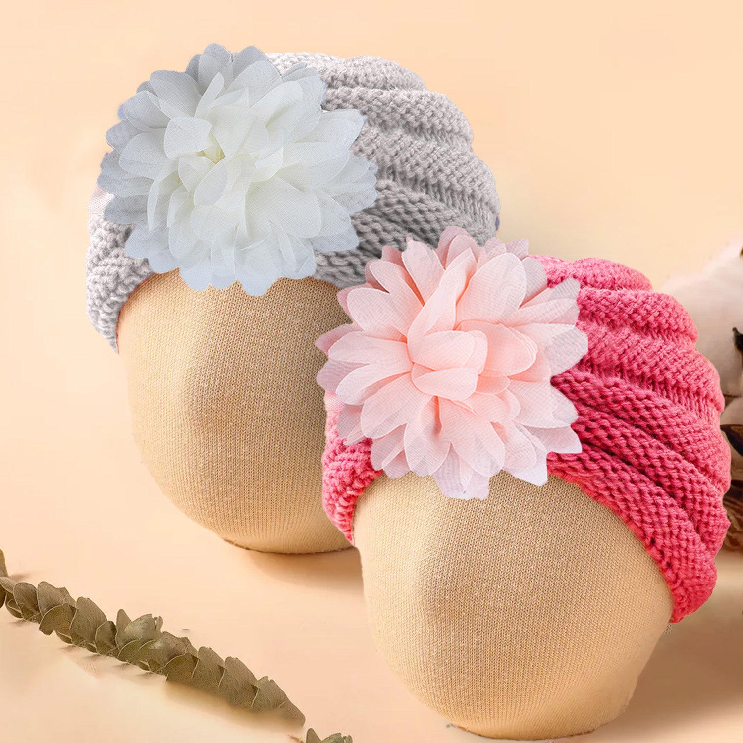 Baby Moo Floral Petals 2 Pack Turban Caps - Pink And White - Baby Moo