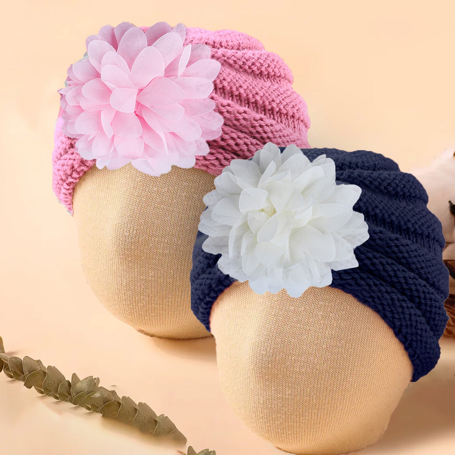 Baby Moo Floral Petals 2 Pack Turban Caps - Pink And Navy Blue - Baby Moo