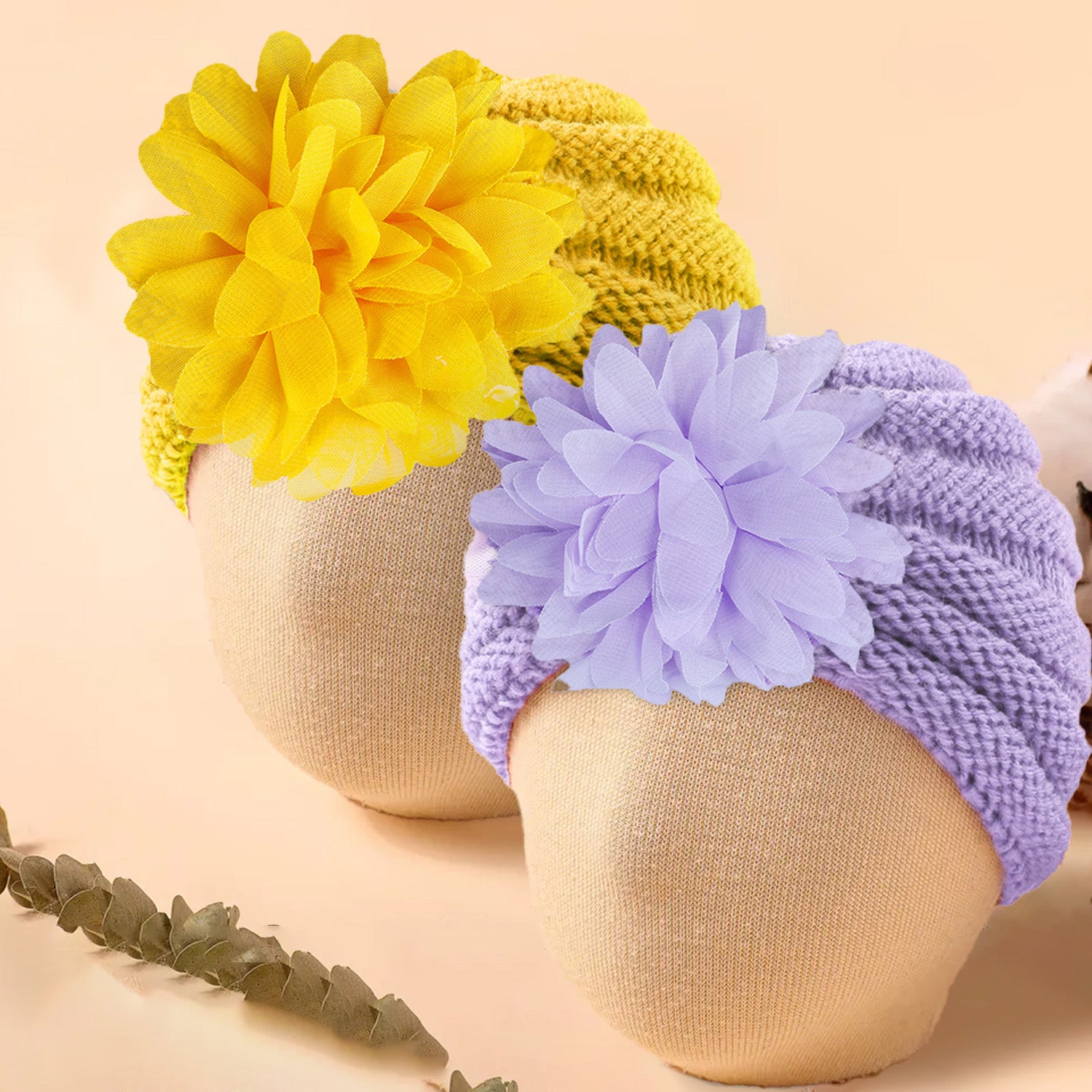 Baby Moo Floral Petals 2 Pack Turban Caps - Lilac And Yellow - Baby Moo