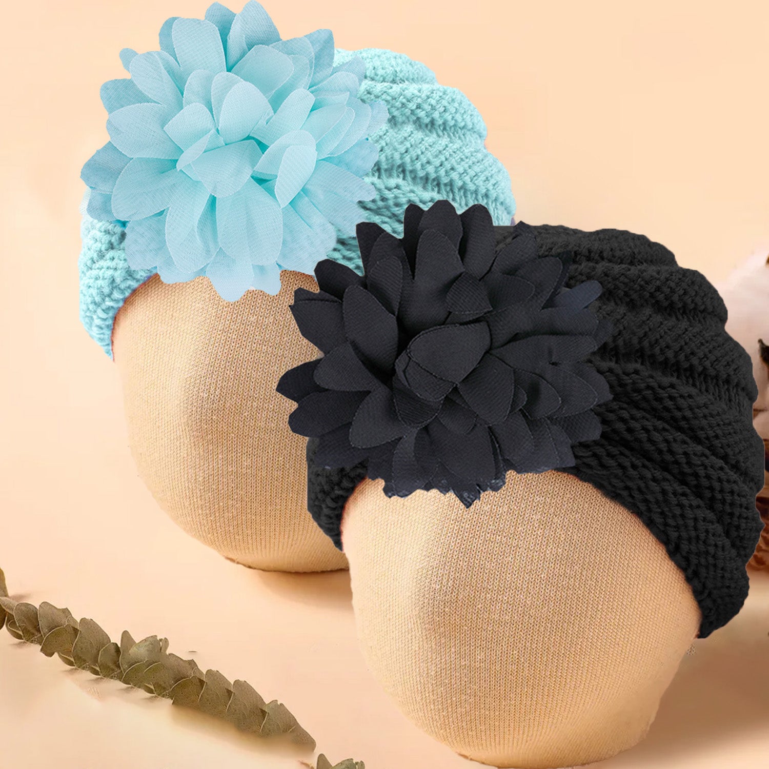 Baby Moo Floral Petals 2 Pack Turban Caps - Blue And Black - Baby Moo