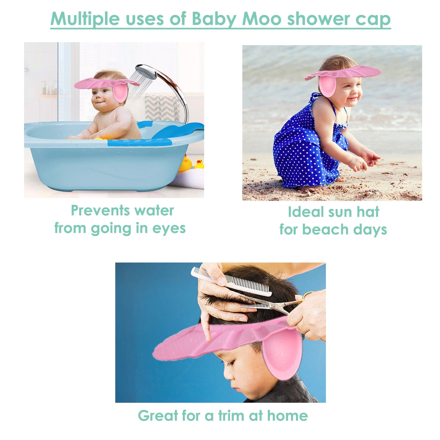Baby Moo No Tears Safe Adjustable Bathing Shower Cap Pack of 2 - Pink, Blue