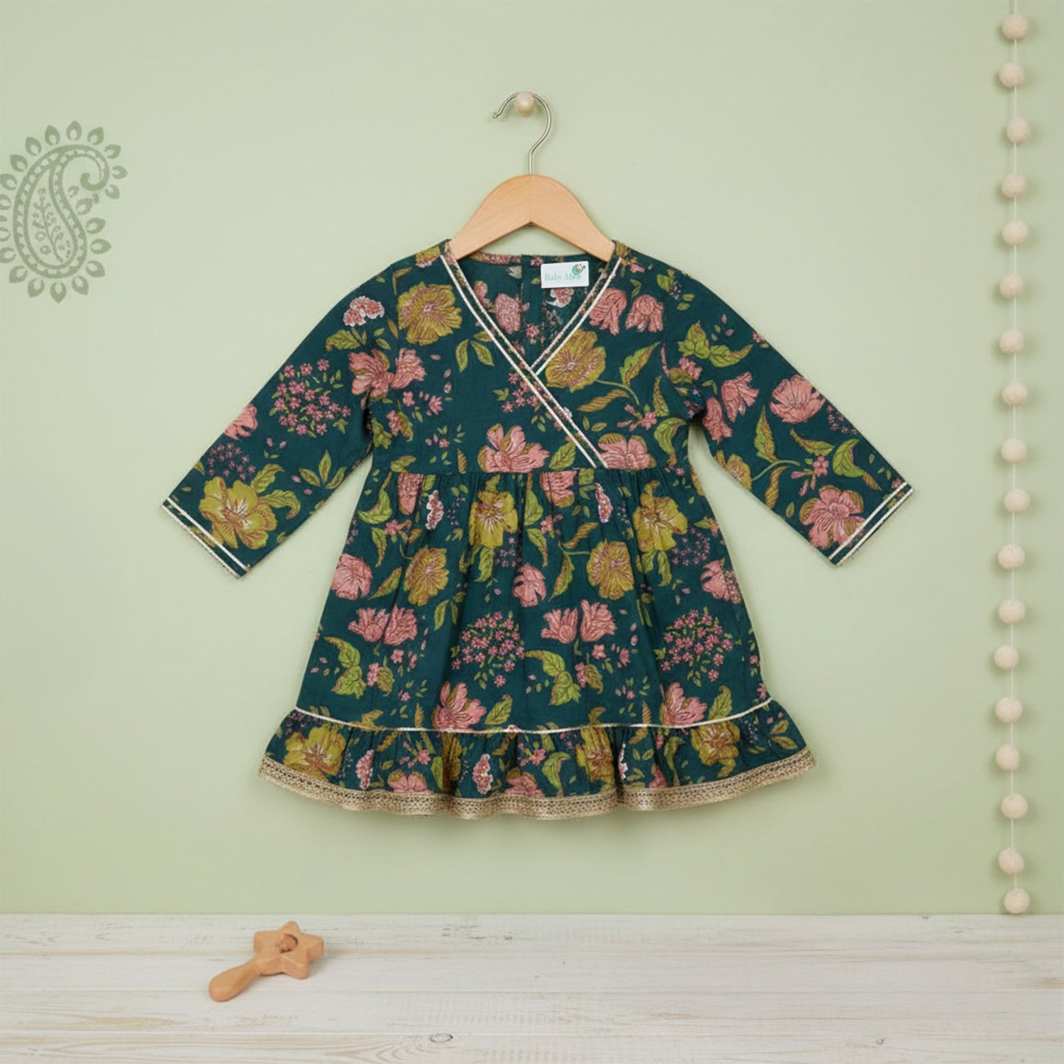 Baby Moo Floral Print Cotton Knee Length Ethnic Dress - Green