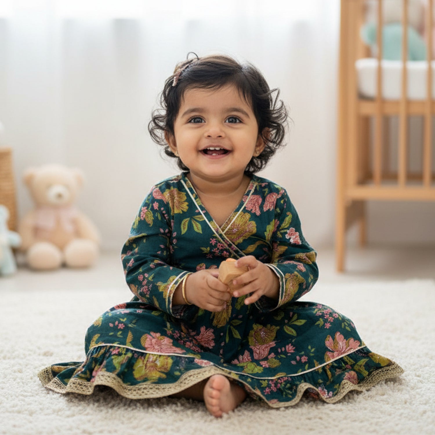 Baby Moo Floral Print Cotton Knee Length Ethnic Dress - Green