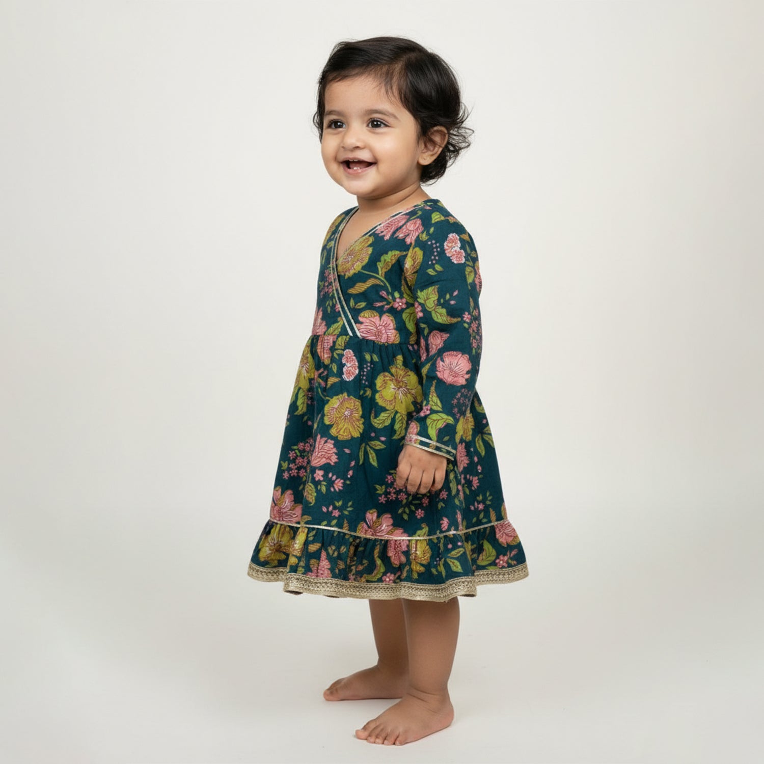 Baby Moo Floral Print Cotton Knee Length Ethnic Dress - Green