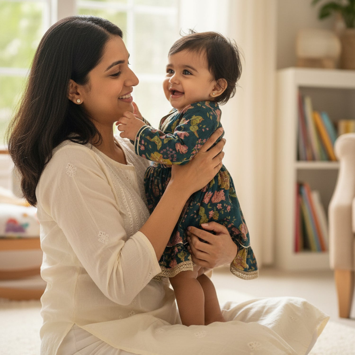Baby Moo Floral Print Cotton Knee Length Ethnic Dress - Green