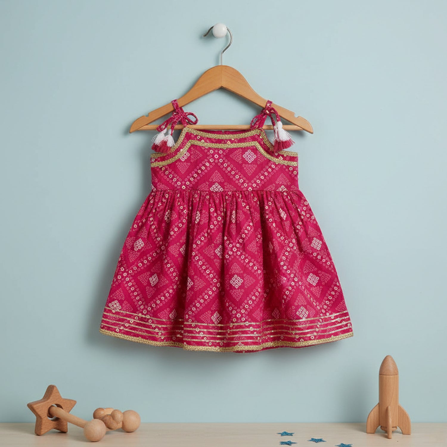 Baby Moo Bandhani Print Cotton Tie-Knot Sleeveless Ethnic Dress - Pink