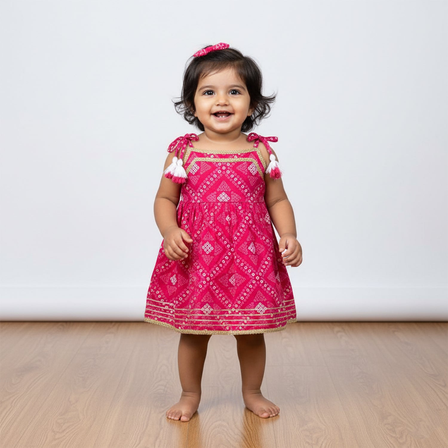 Baby Moo Bandhani Print Cotton Tie-Knot Sleeveless Ethnic Dress - Pink