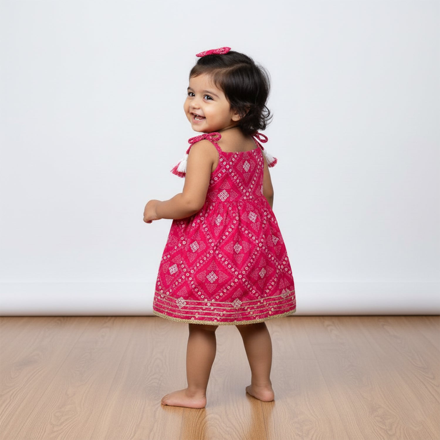 Baby Moo Bandhani Print Cotton Tie-Knot Sleeveless Ethnic Dress - Pink