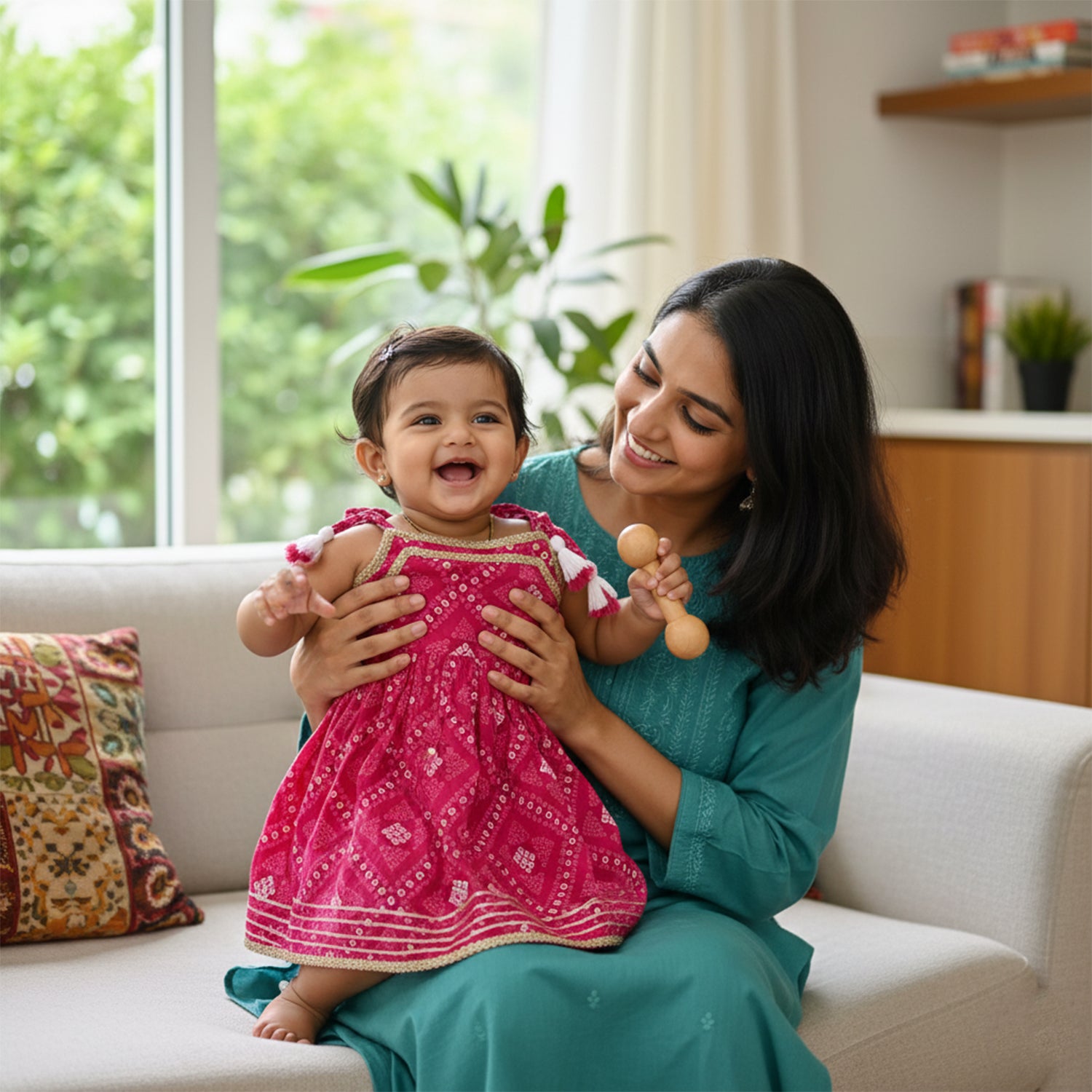 Baby Moo Bandhani Print Cotton Tie-Knot Sleeveless Ethnic Dress - Pink