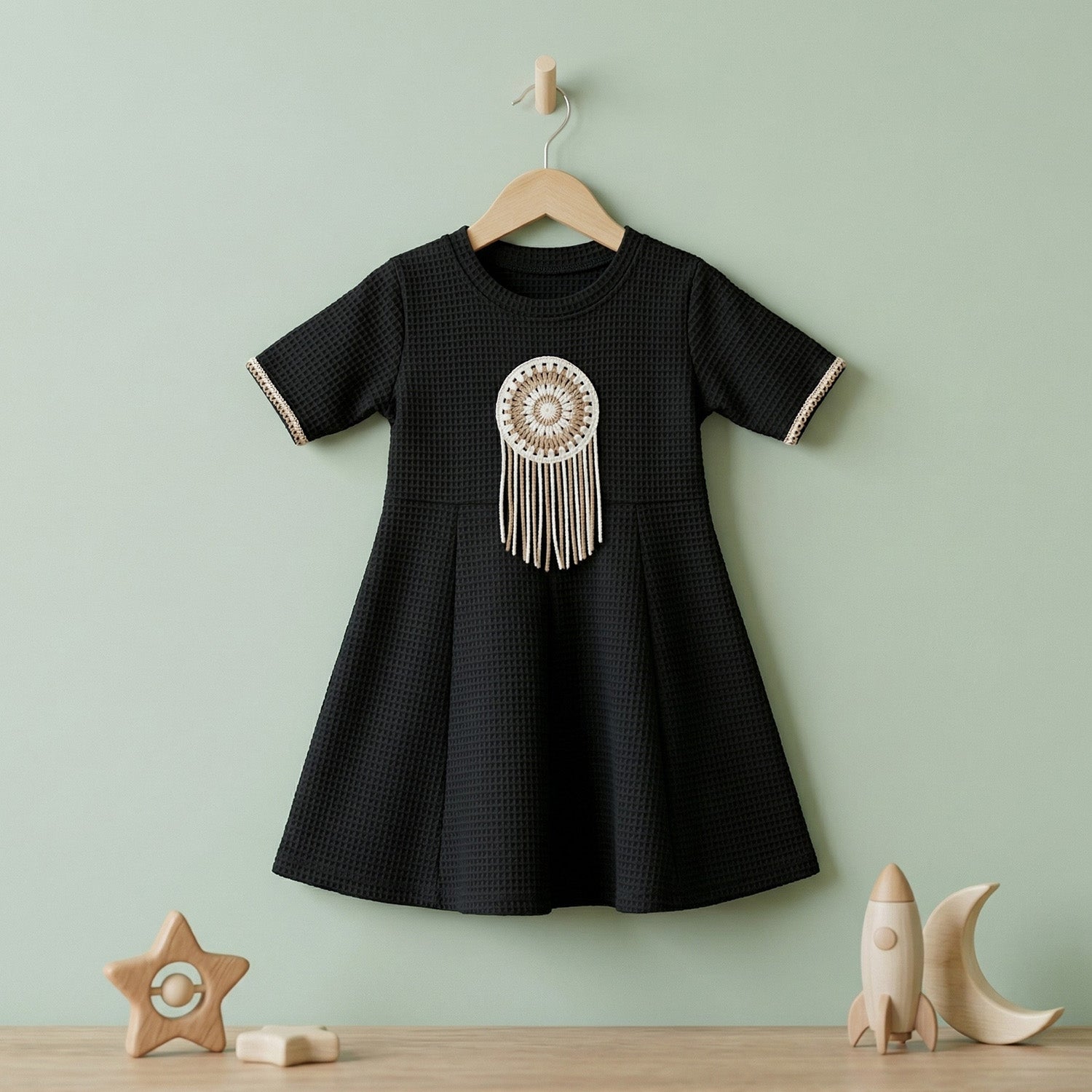 Baby Moo Woven Half Sleeve Embellished Dress - Black