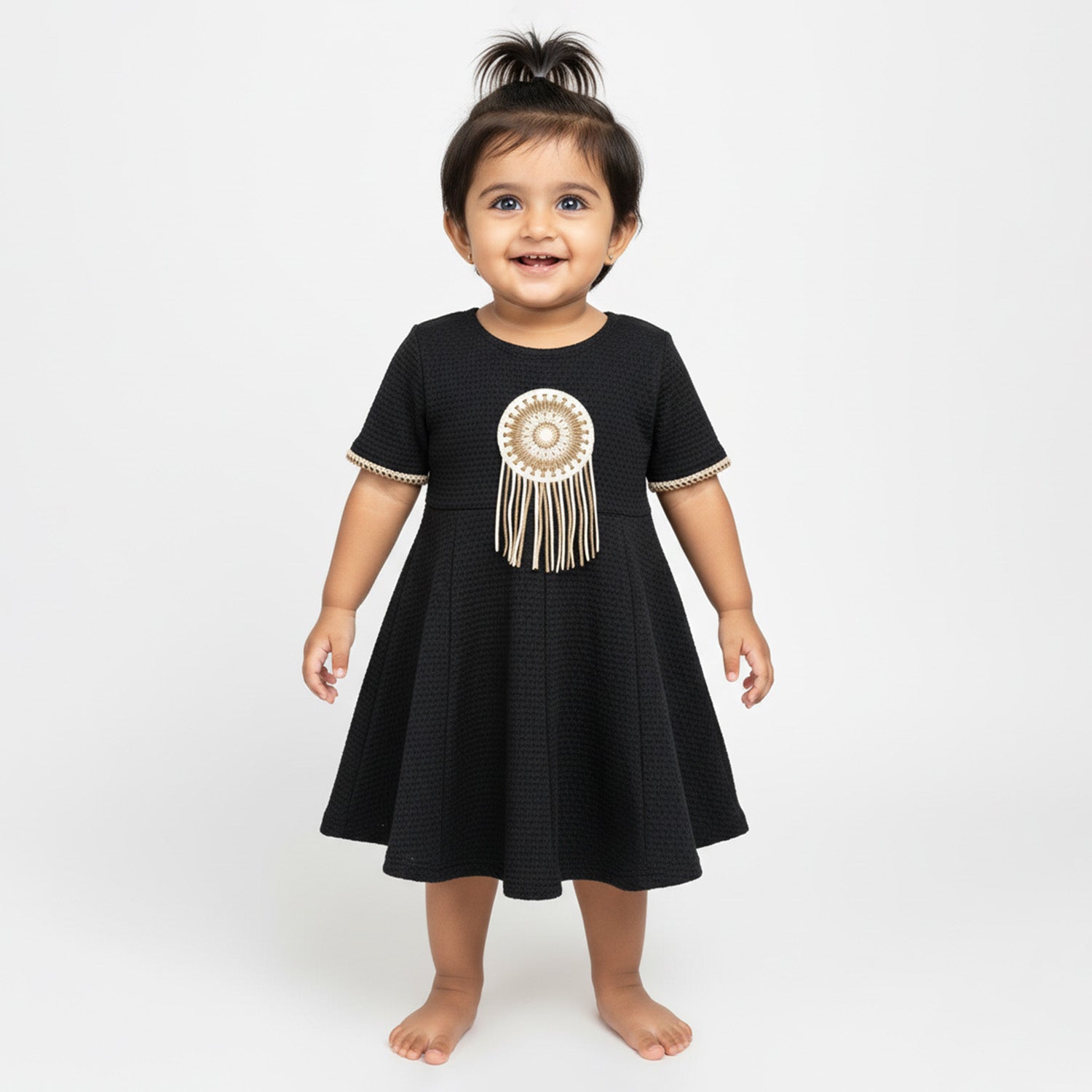 Baby Moo Woven Half Sleeve Embellished Dress - Black