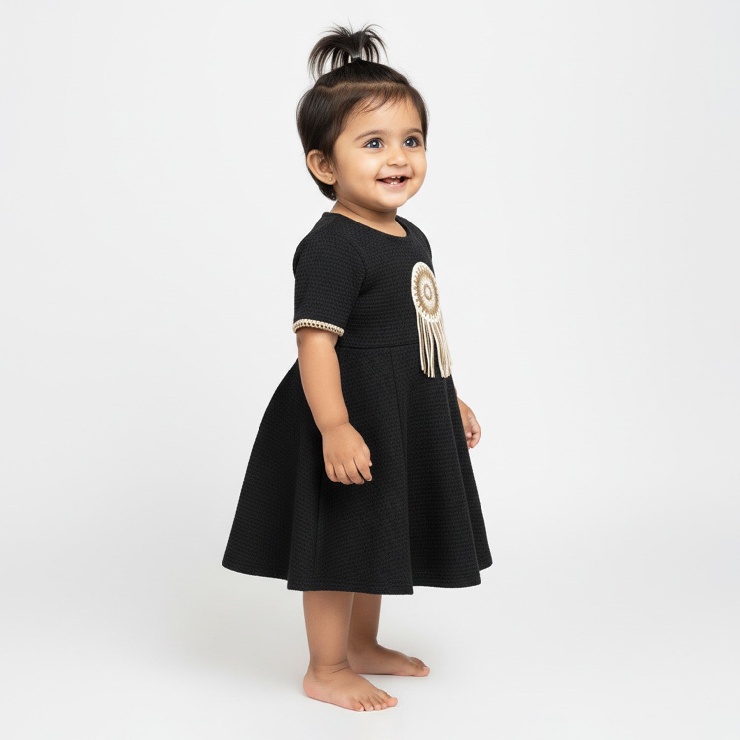 Baby Moo Woven Half Sleeve Embellished Dress - Black