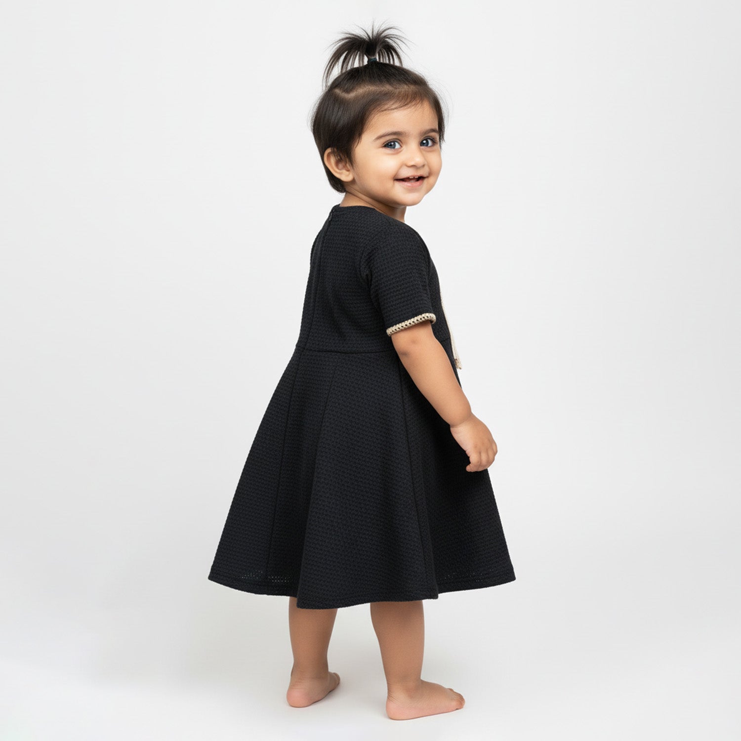 Baby Moo Woven Half Sleeve Embellished Dress - Black