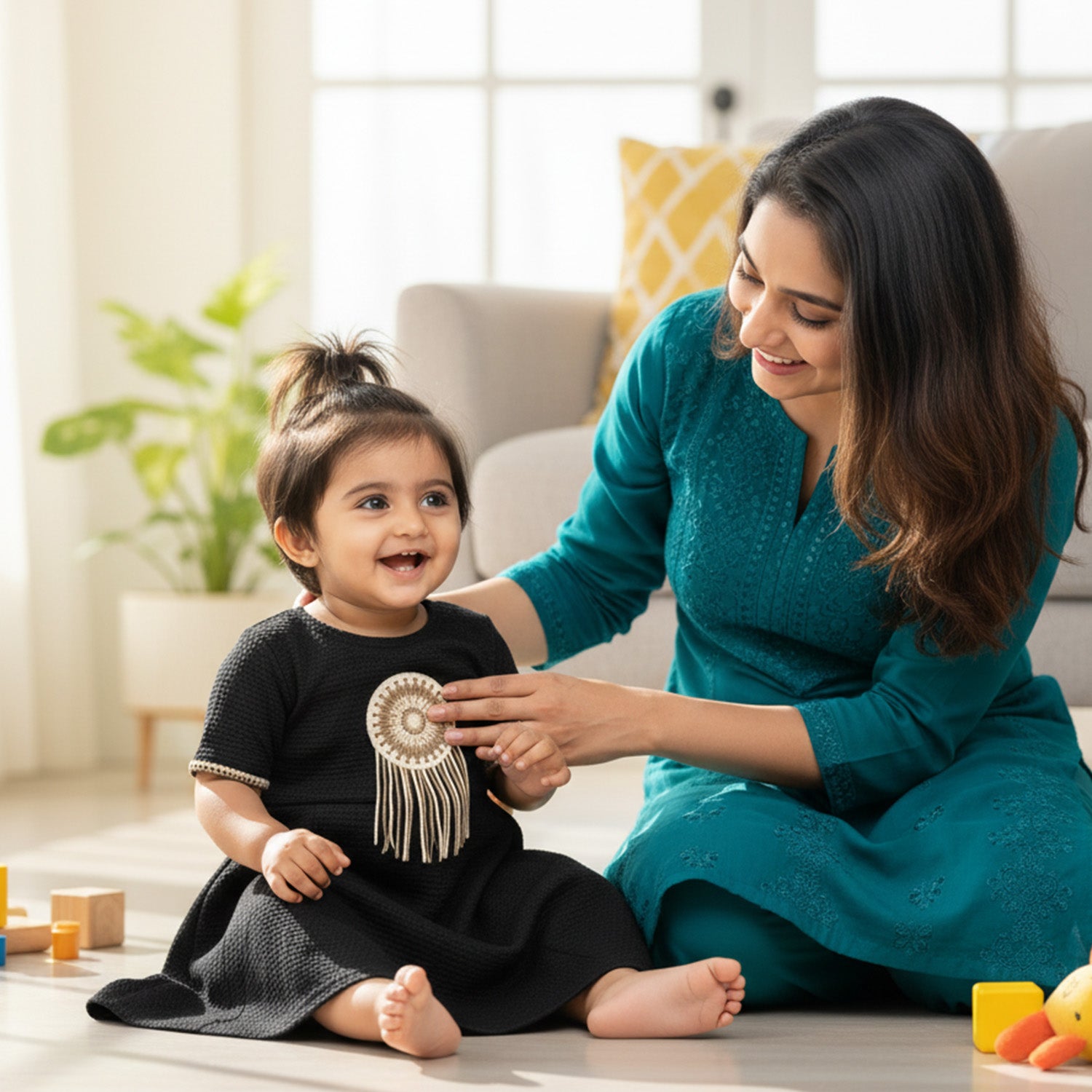 Baby Moo Woven Half Sleeve Embellished Dress - Black