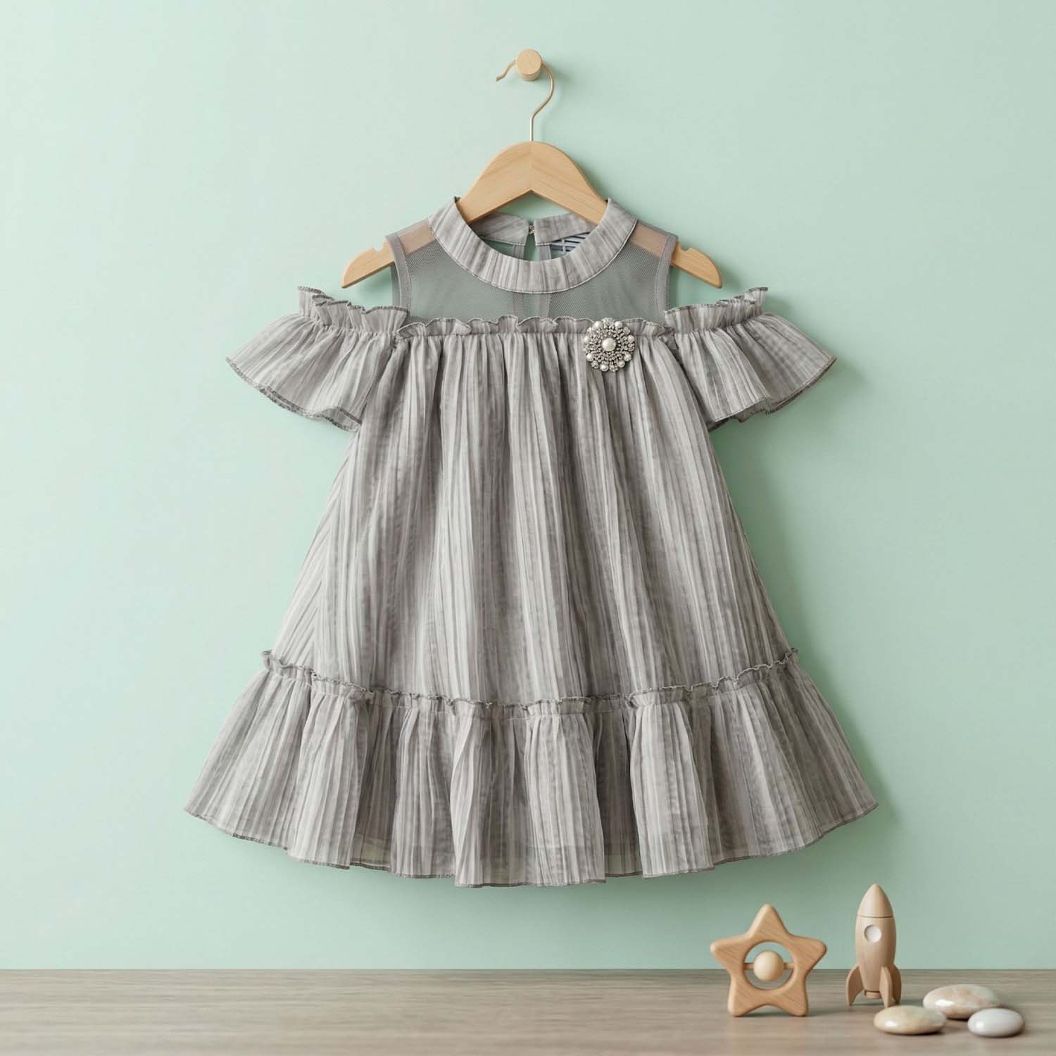 Baby Moo Half Sleeves Party High neck Dress - Grey