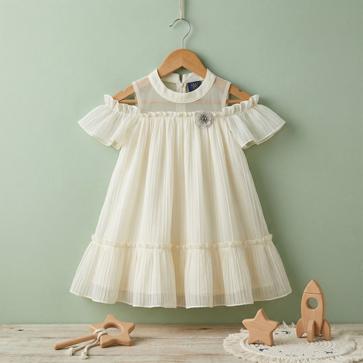 Baby Moo Half Sleeves Party High neck Dress - Off White
