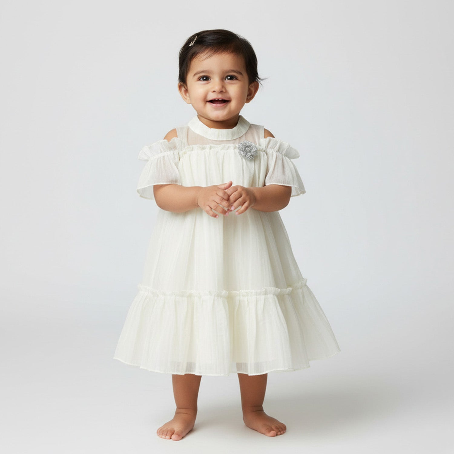 Baby Moo Half Sleeves Party High neck Dress - Off White