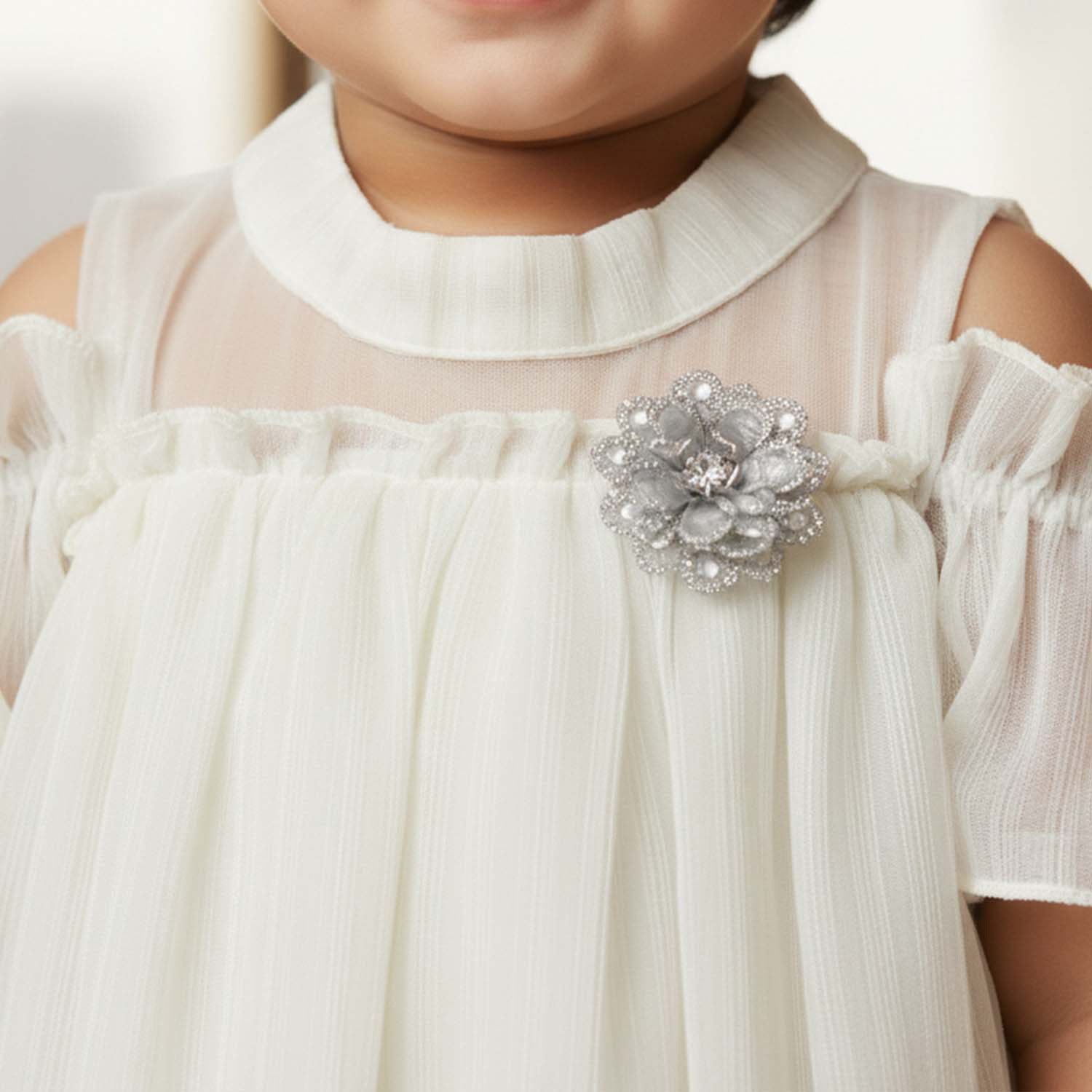 Baby Moo Half Sleeves Party High neck Dress - Off White