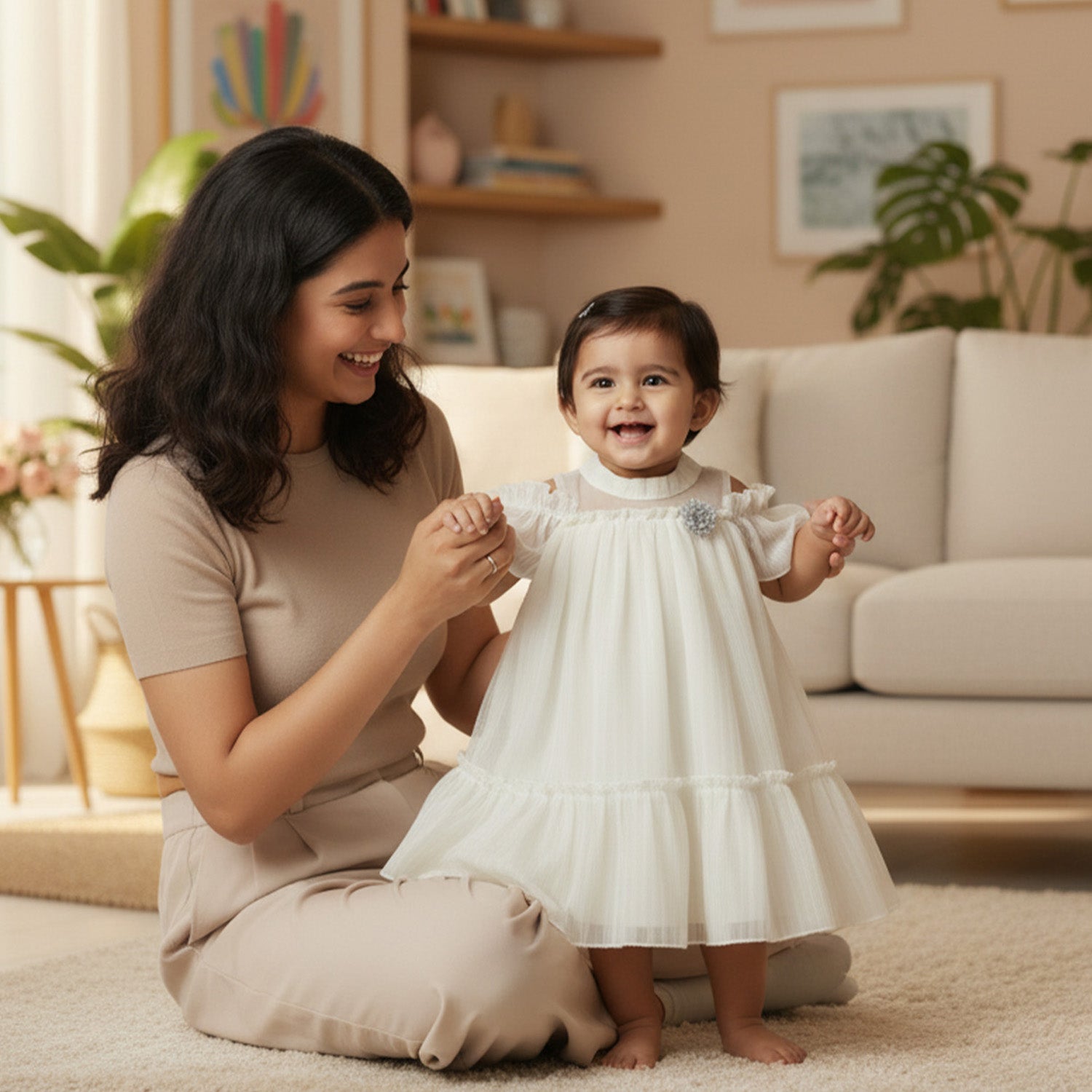 Baby Moo Half Sleeves Party High neck Dress - Off White