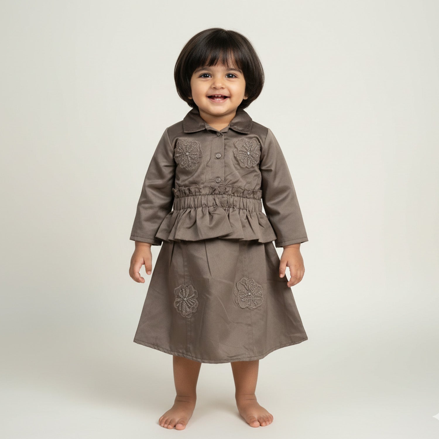 Baby Moo Woven 3/4th Sleeves Solid Coloured Peplum Dress - Brown